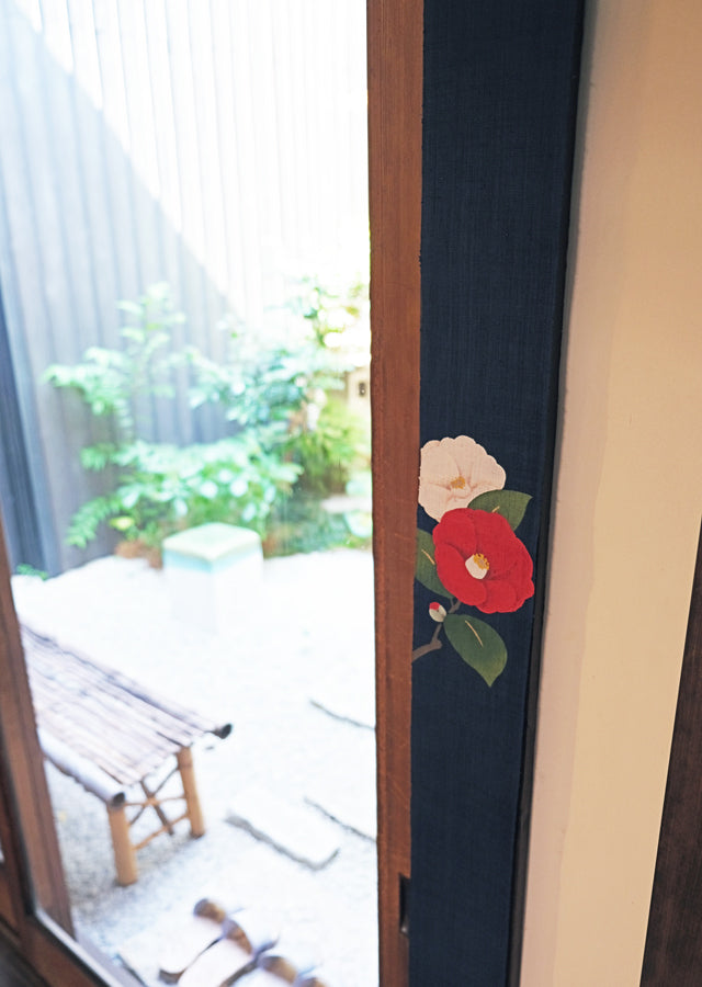 Hand Dyed Linen Japanese Narrow Tapestry - Red & White Camellia Kyoto Noren Wall Hanging Scroll | Traditional Home Decor, Room Divider, Entryway Curtain for Asian Inspired Interior Design