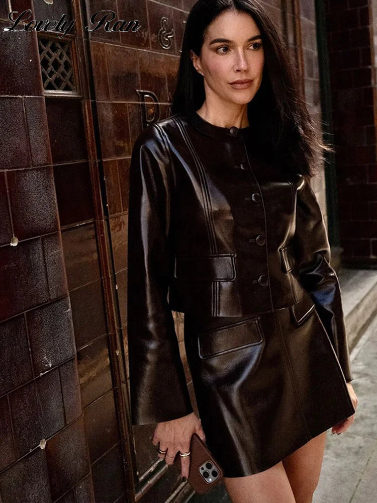 Women's Fashion Leather Coat & Skirt Set - Autumn Winter O-Neck Long Sleeve Single Breasted Jacket with Mini Skirt Two Piece Outfit for Ladies | Office Wear, Date Night, Holiday Party Outfits