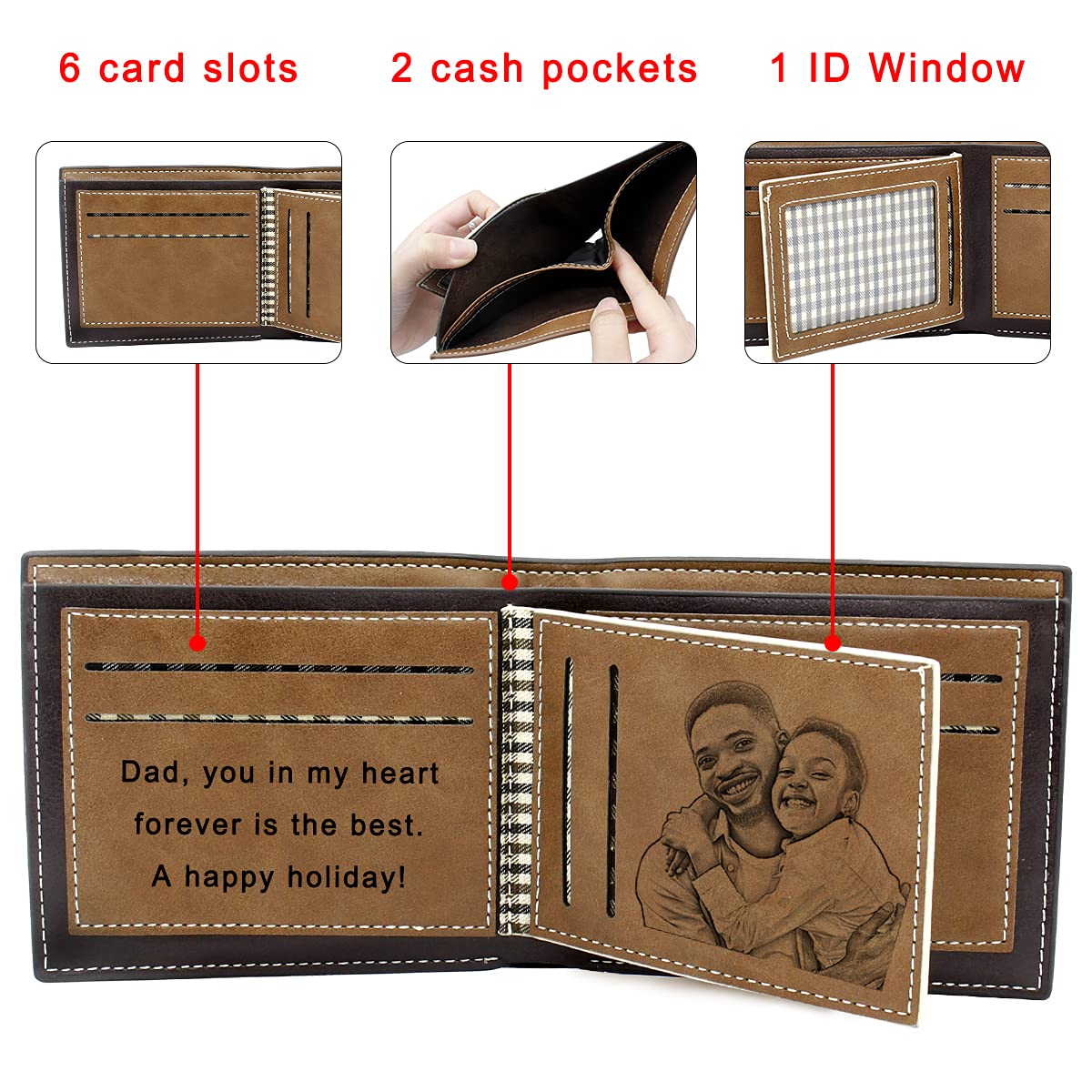 Custom Engraved Men's Leather Wallet - Personalized Photo & Text Gift for Dad - Perfect for Father's Day, Anniversary & Birthday Presents | Durable RFID Blocking Wallet for Everyday Use & Travel