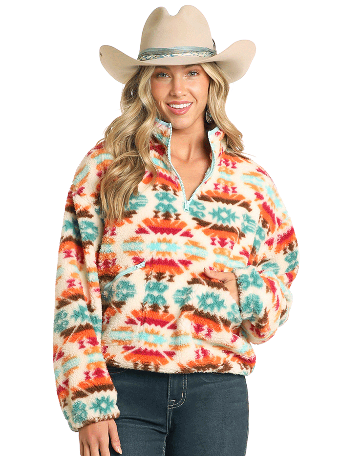 Rock & Roll Denim BW91C04476 Women's Aztec Print Sherpa Pullover Sweatshirt - Cream Cozy Fleece Jacket for Fall & Winter Fashion, Casual Outfits, and Outdoor Adventures