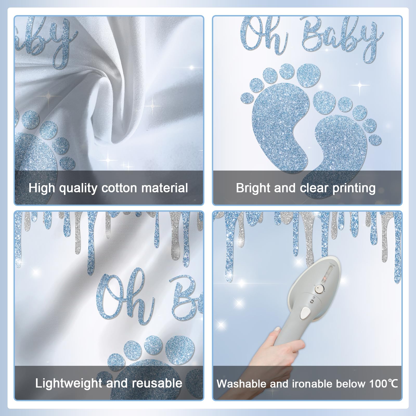 Blue Silver Baby Shower Backdrop with Little Feet Design - 7x5ft Photo Booth Background for Boy's Footprint Themed Party Decorations | Perfect for Baby Showers, Gender Reveals & Nursery Photography