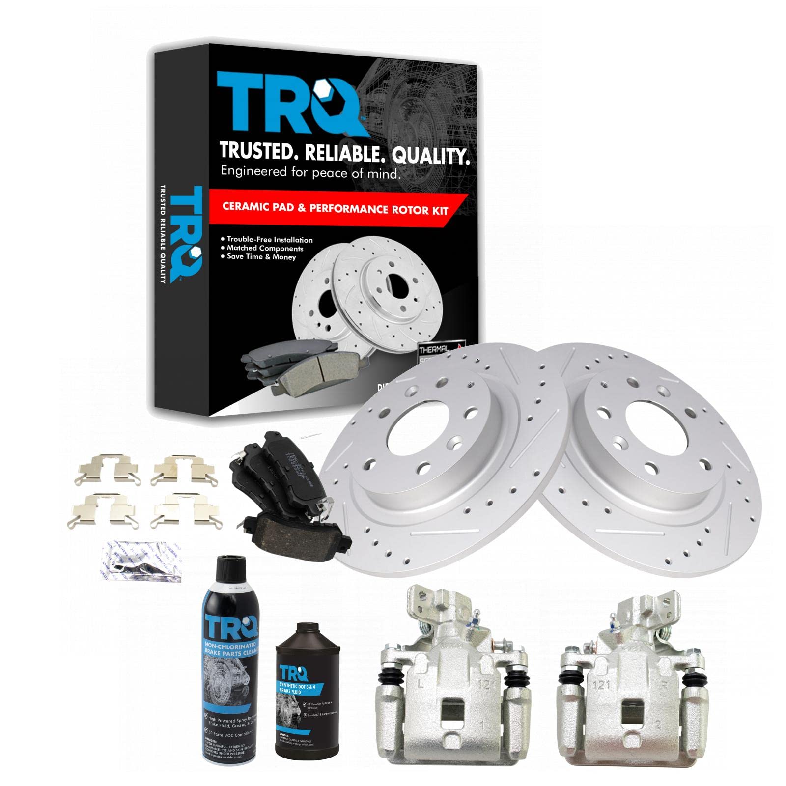 Premium TRQ Rear Performance Brake Pad & Rotor Kit with Caliper & Chemical Kit - Ceramic G-Coated Brake Set for 2016-2018 Mazda CX-3 | Smooth Stopping Power for City Driving & Highway Safety