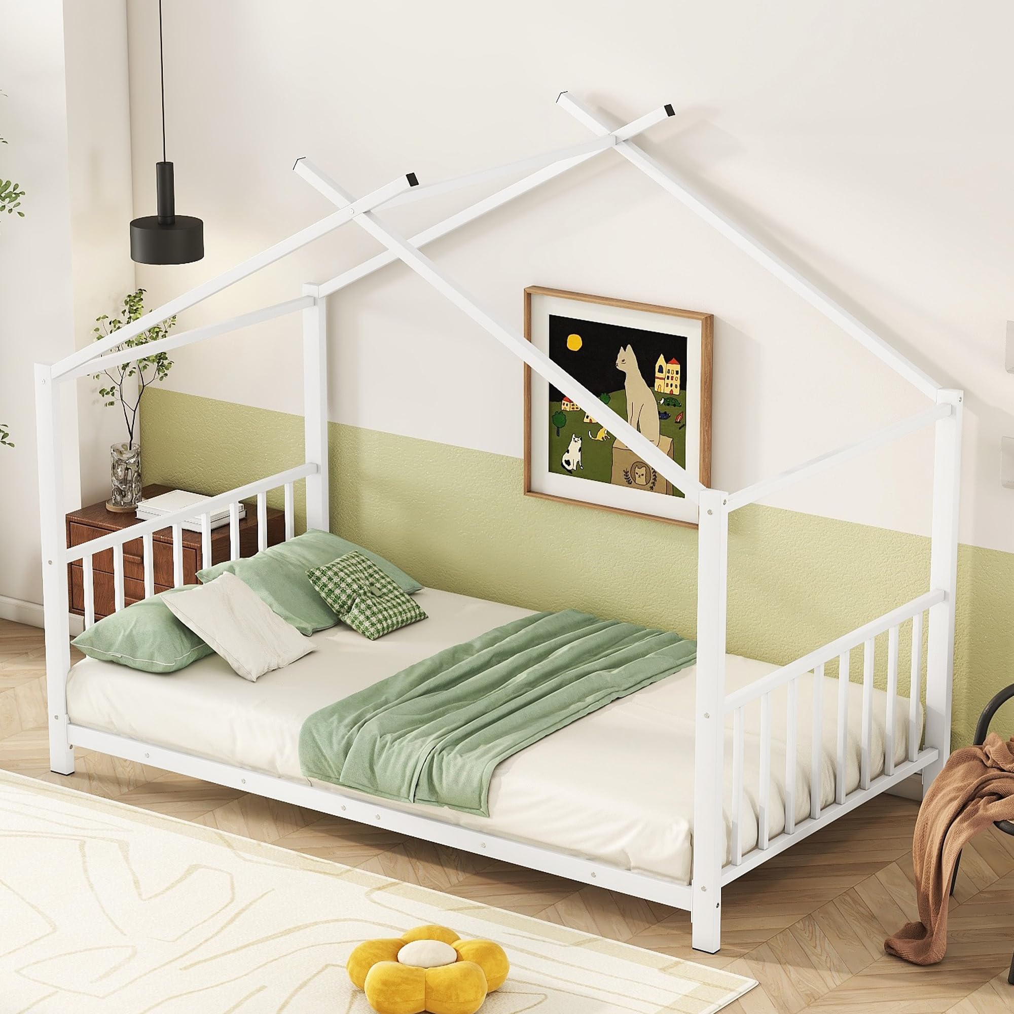 Montessori Twin Size Floor Bed for Kids - Sturdy Metal Frame with High Headboard & Roof - House Bed for Boys & Girls (White) - Perfect for Playrooms, Bedrooms & Montessori Learning Spaces