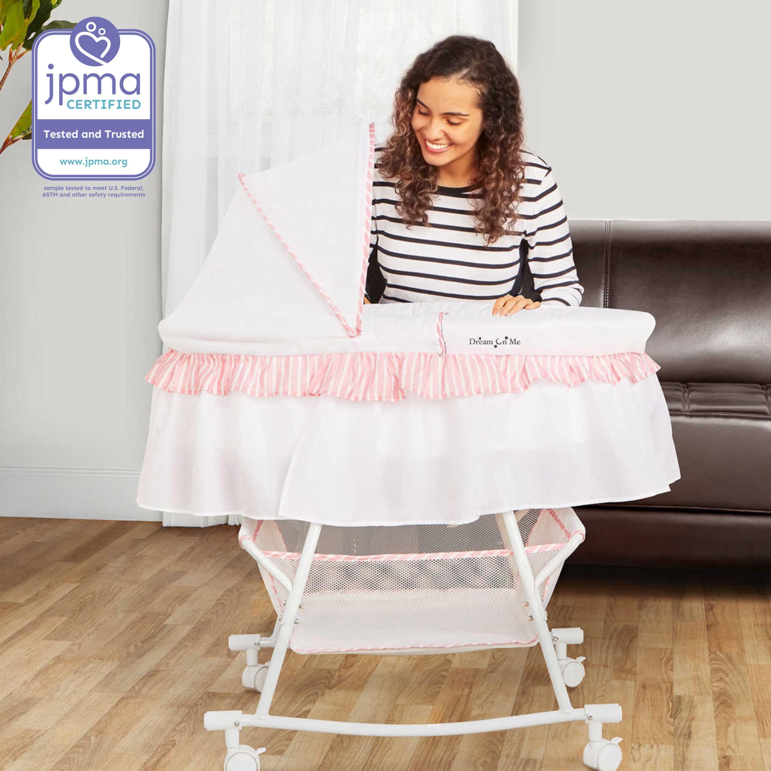Dream On Me Lacy Portable 2-in-1 Bassinet & Cradle - Lightweight Baby Bed with Adjustable Canopy & Storage Basket | Pink & White Nursery Essential for Newborns & Infants | Perfect for Bedroom, Nursery & Travel Use
