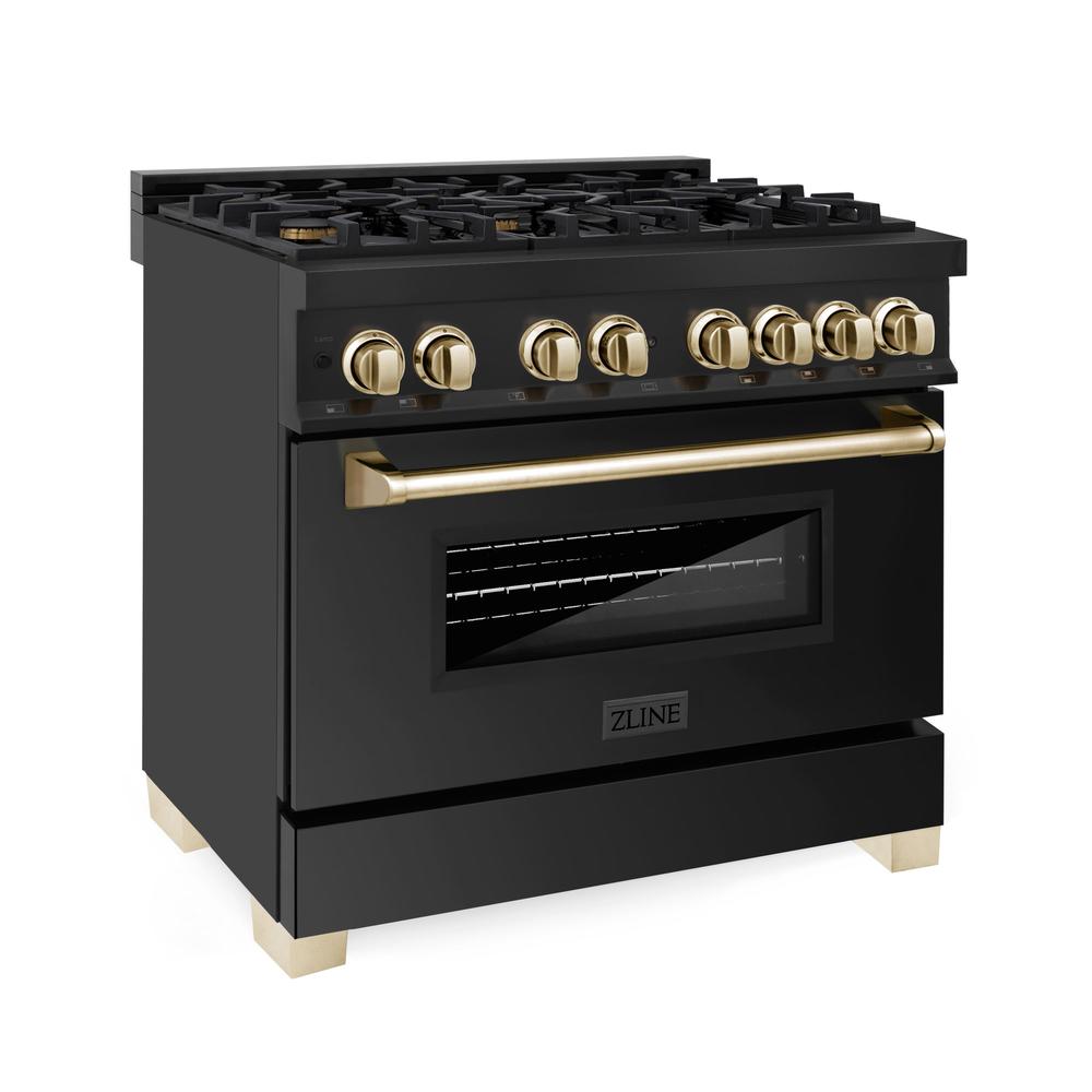 ZLINE Autograph Edition 36-Inch Professional Kitchen Package - Black Stainless Steel Dual Fuel Range with Range Hood & Polished Gold Accents (2AKP RABRH36 G) | Premium Gas Stove & Ventilation System for Home Chefs & Modern Kitchens