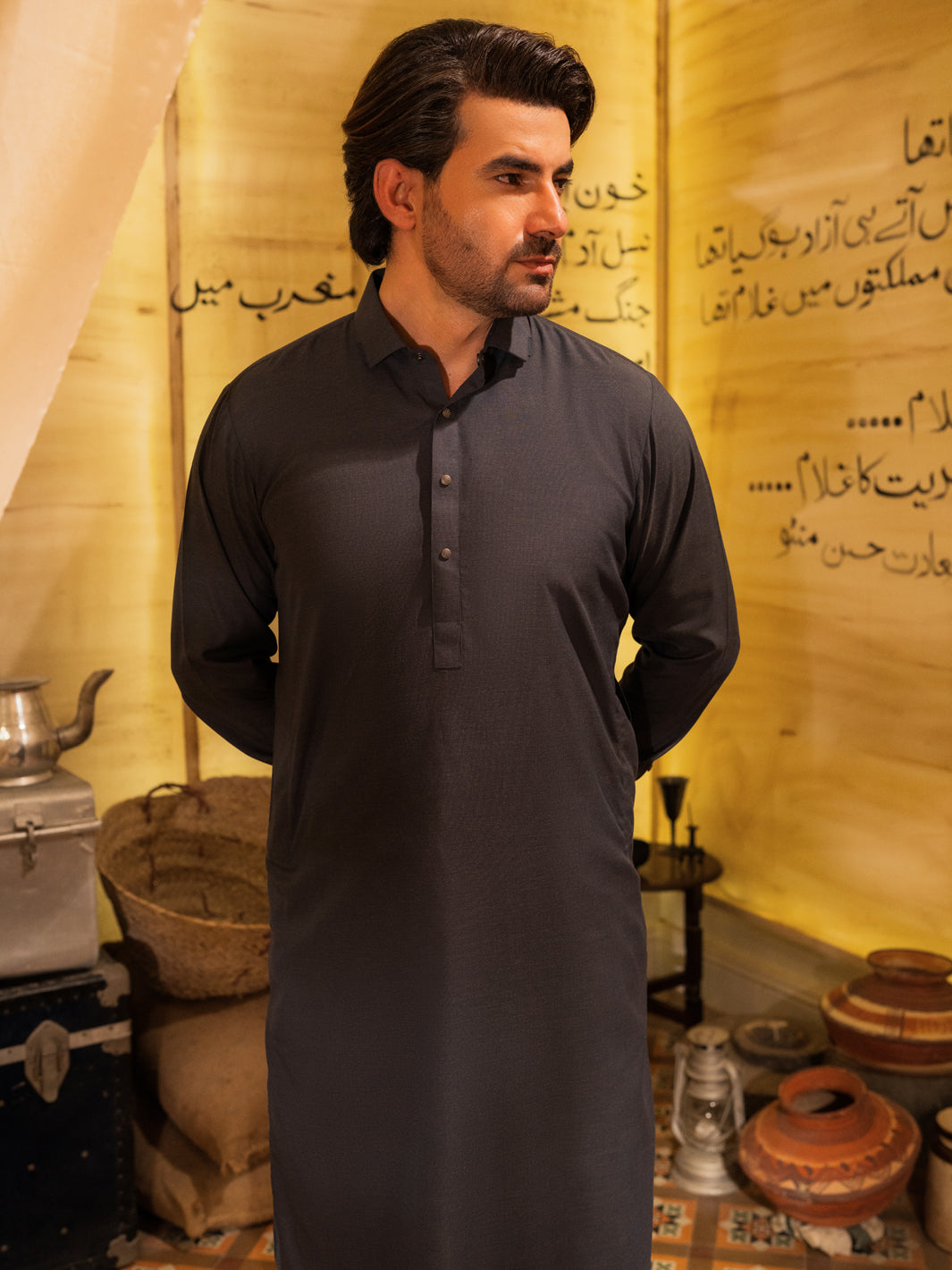 Premium Blended Grey Shalwar Kameez - Traditional Pakistani Outfit by Almirah | Wasim Akram Collection | Perfect for Weddings, Eid & Cultural Events