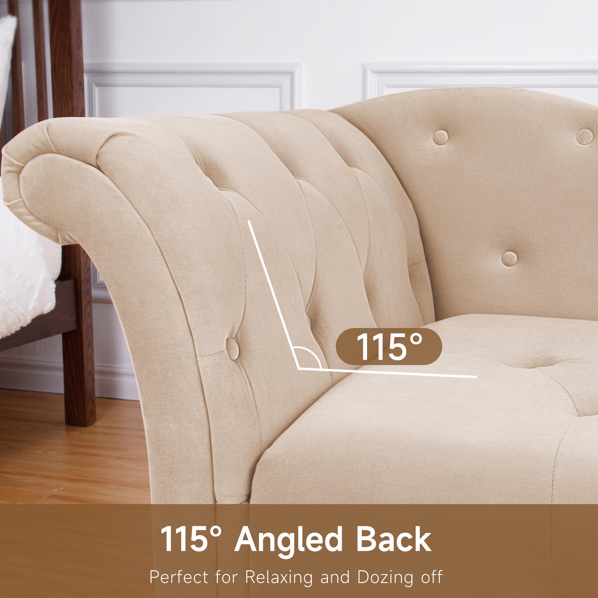 Modern Velvet Upholstered Lounge Chair with Left Armrest & Button Tufted Design - Beige Chaise Sofa for Bedroom, Living Room & Office | Perfect for Relaxing, Reading & Home Decor