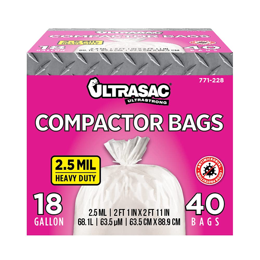Ultrasac Heavy Duty Trash Compactor Bags - 40 Pack with Ties, 18 Gallon for 15 Inch Compactors (25