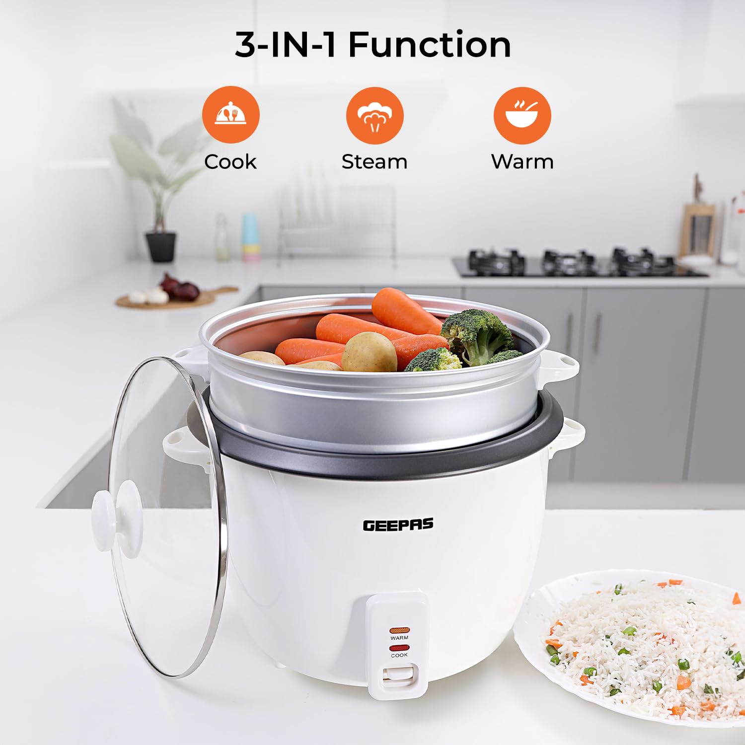 Geepas 350W Electric Rice Cooker & Steamer with Keep Warm Function, 0.6L Capacity - Non-Stick Inner Pot, Automatic Cooking, Includes Measuring Cup & Spatula - Perfect for Small Kitchens, Dorms, Offices & Healthy Meal Prep