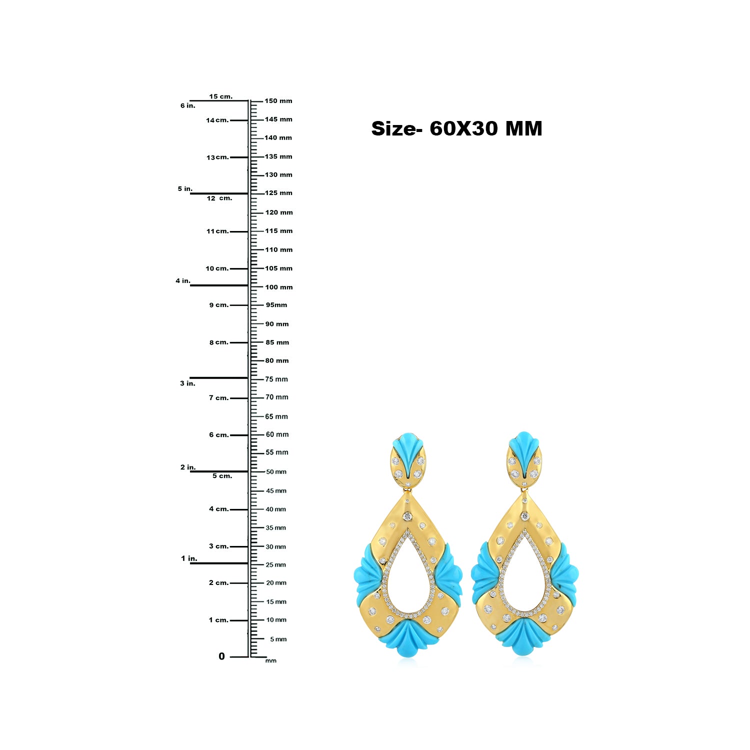 18K Yellow Gold Carved Turquoise Pave Diamond Dangle Earrings - Elegant Designer Jewelry for Parties, Weddings & Special Occasions