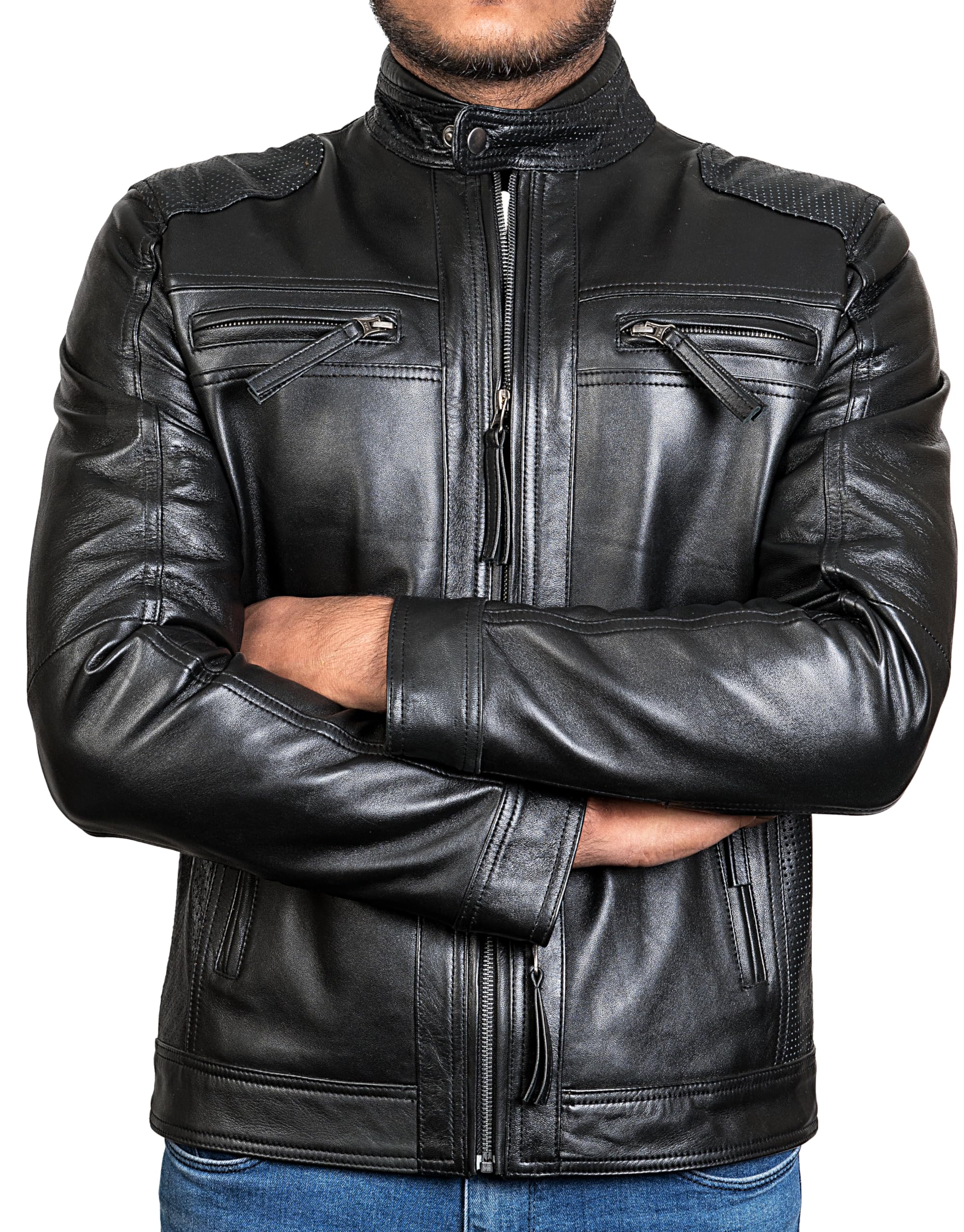 HIGOBO Genuine Black Lambskin Leather Jacket for Men - Vintage Cafe Racer Motorcycle Jacket with Distressed Finish | Perfect for Biking, Casual Wear & Outdoor Adventures