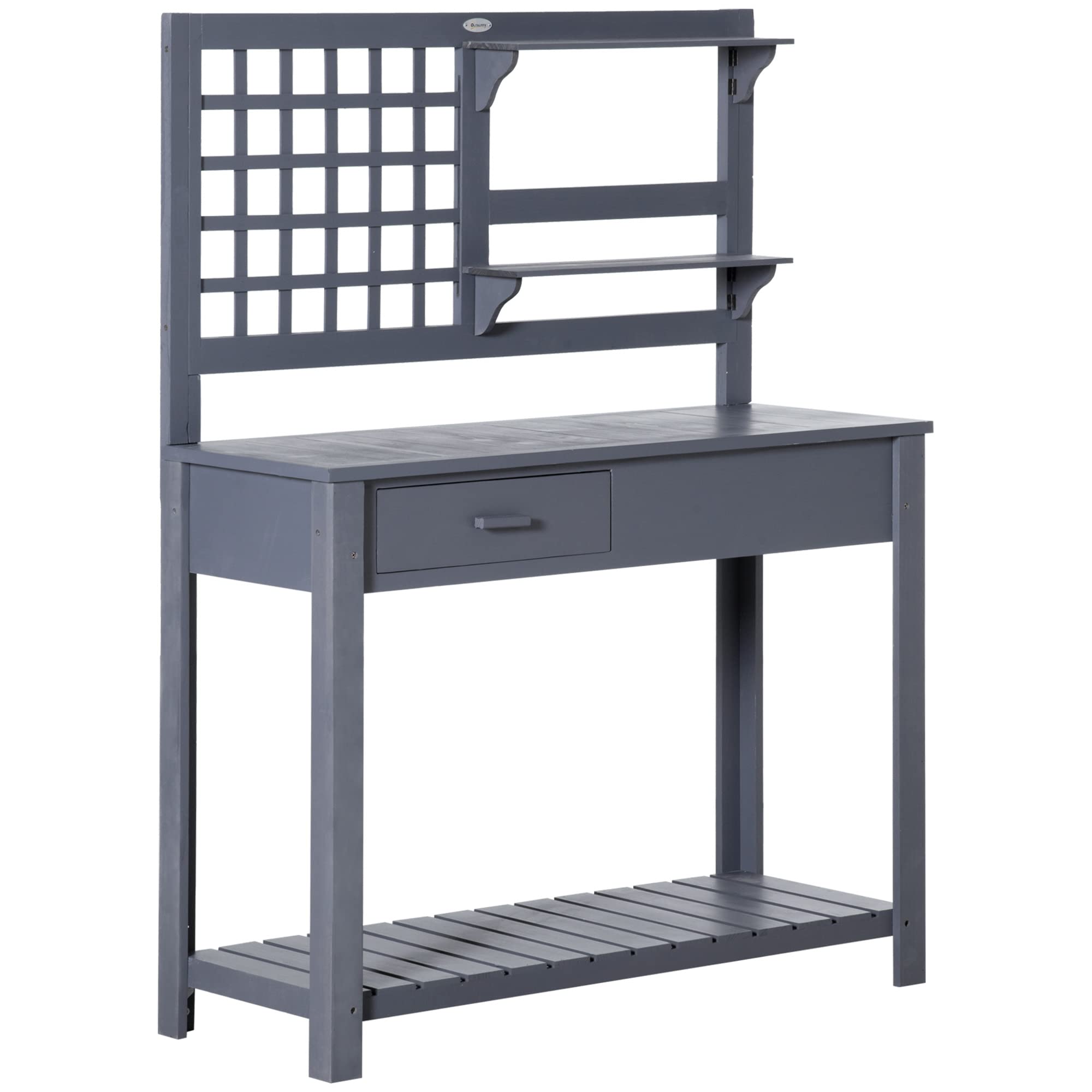 Outsunny Grey Wooden Potting Bench with Shelves & Drawer - Heavy Duty Garden Work Table for Planting, Gardening & Outdoor Storage - Perfect for Patio, Courtyard, Balcony & Backyard Use