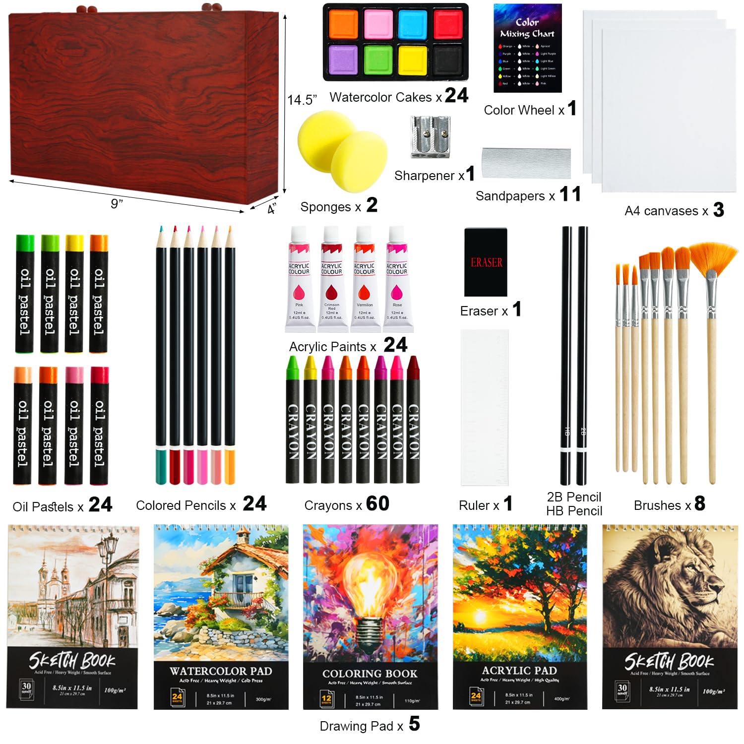 196-Piece Deluxe Art Kit with Acrylic Paint, Oil Pastels, Crayons & Colored Pencils - Includes 5 Drawing Pads & Canvases in Wooden Storage Box - Perfect Gift for Kids, Teens & Adult Beginners - Ideal for Home, School & DIY Art Projects