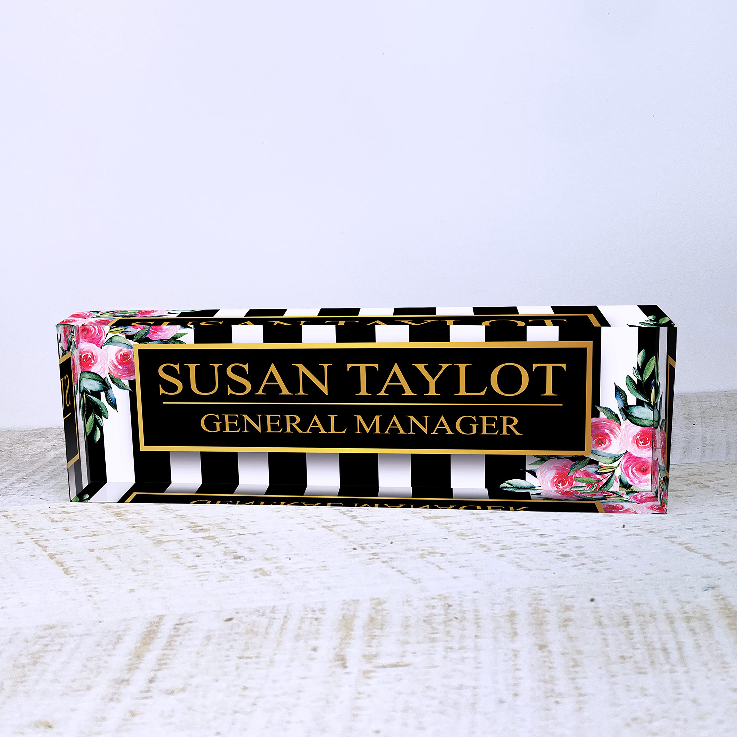 Personalized Artblox Office Desk Name Plate - Custom Acrylic Name Plates with Black Stripes & Roses Design (8