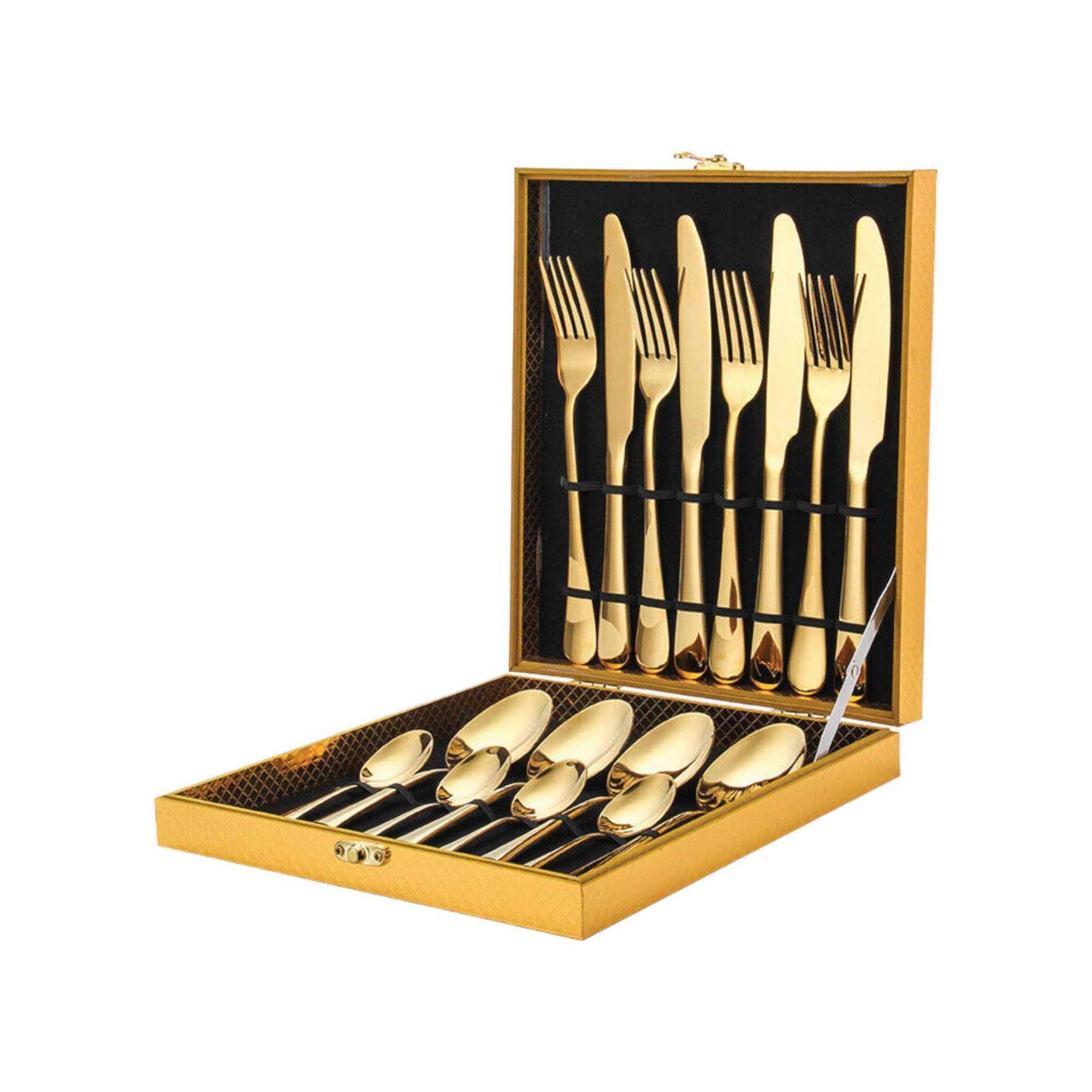 16-Piece Gold Cutlery Set - Stainless Steel Flatware with Knife, Fork & Spoon in Gift Box - Perfect for Weddings, Parties & Elegant Dining