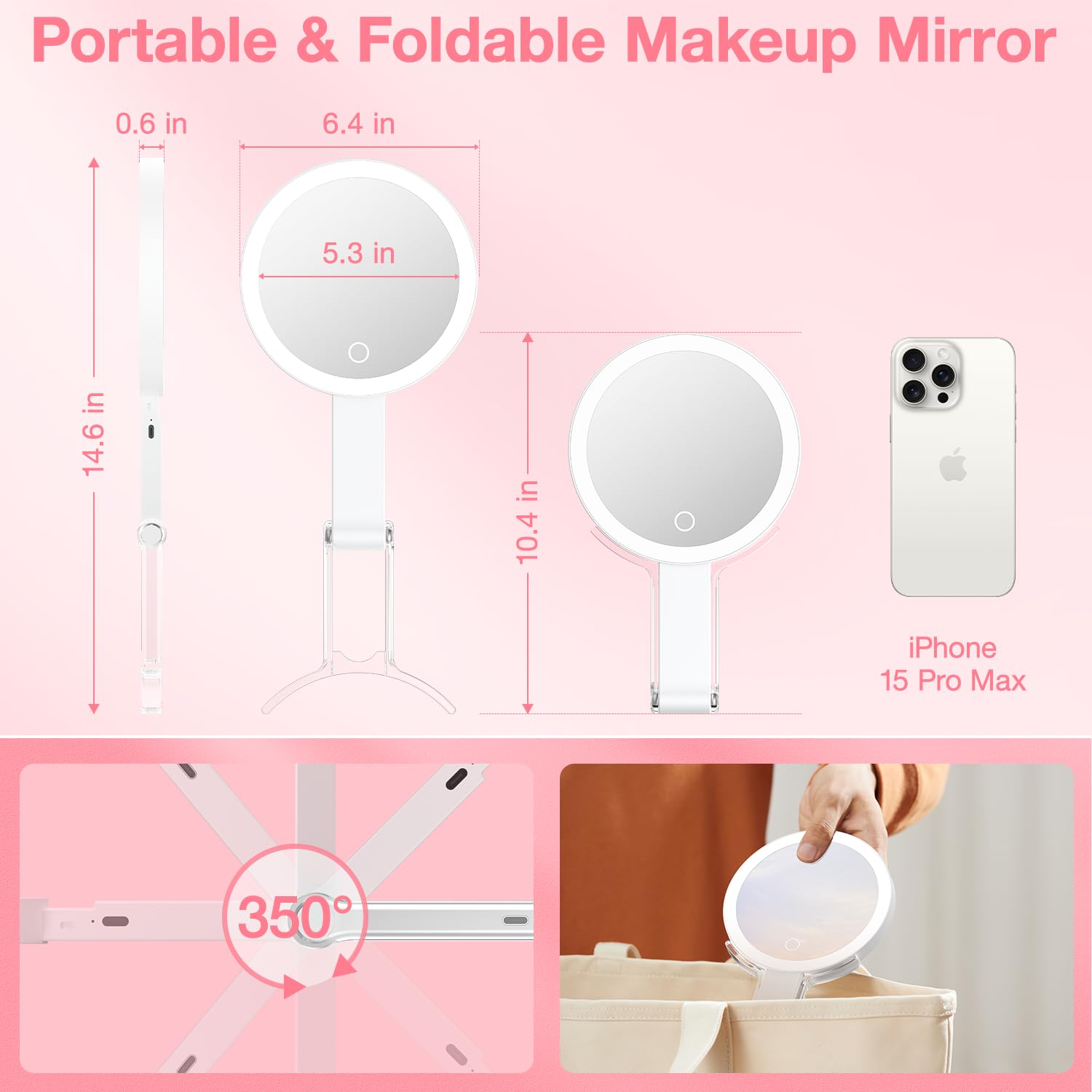 10X Magnifying Travel Makeup Mirror - 3 Color Lights, Adjustable Brightness for Home & Travel