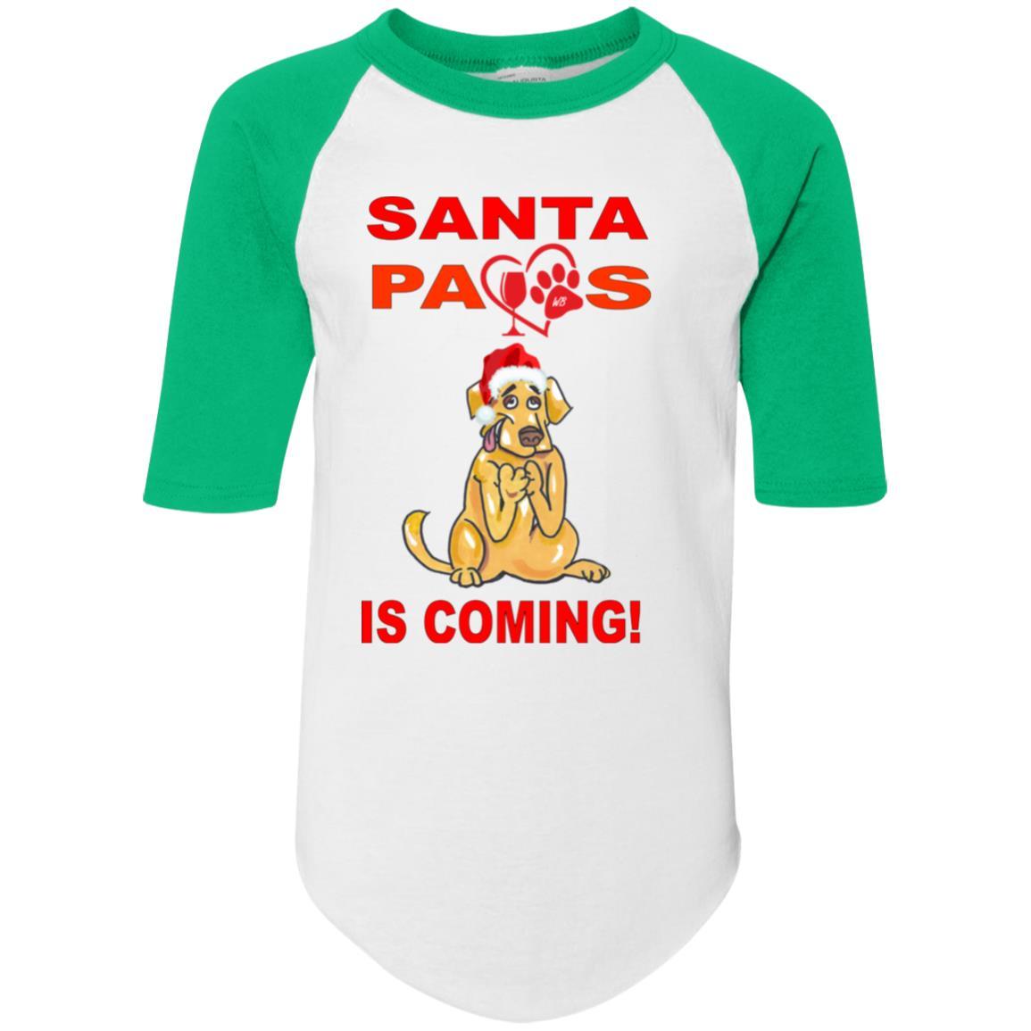 Santa Paws Is Coming - Youth Colorblock Raglan Jersey for Dogs | Christmas Pet Apparel | Holiday Photo Outfits & Festive Dress Up
