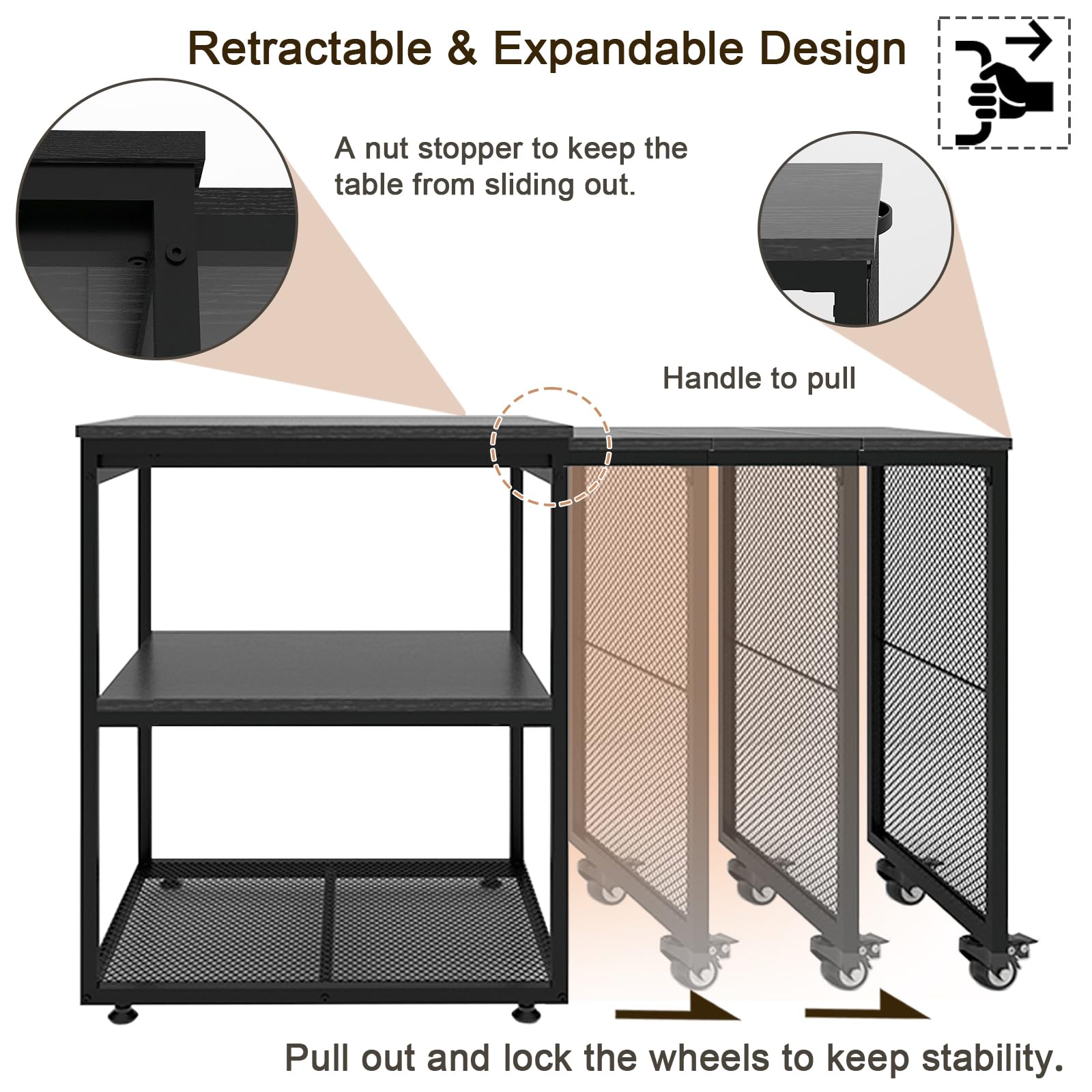 Natwind 24x20x29 Inch Large Printer Stand with Storage Shelves - Extendable Craft Desk for Home Office, Kitchen, Study & Living Room - Versatile Organization Table for Printer, Supplies & Decor (Black) - Perfect for Small Spaces & Multi-Purpose Use