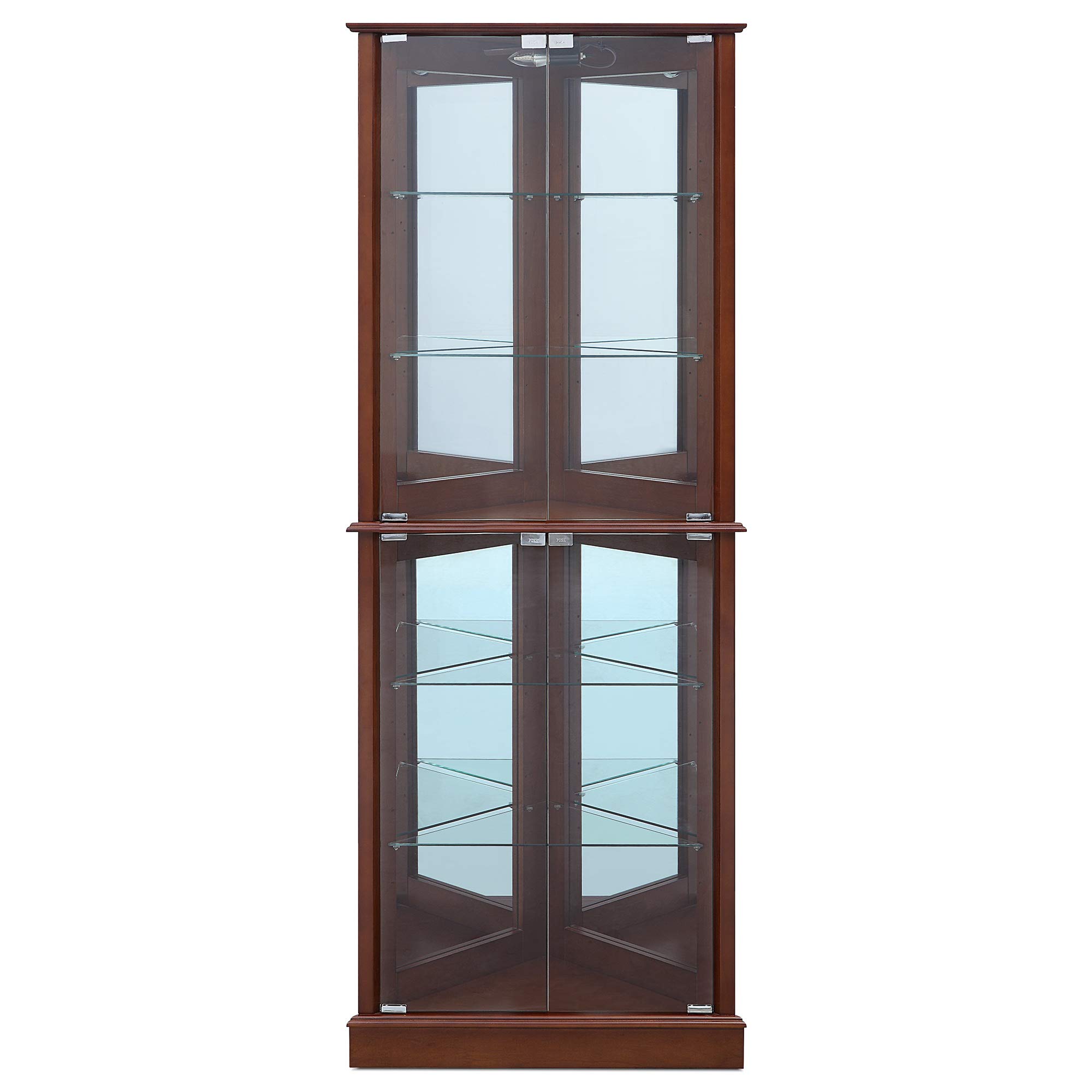 BELLEZE Wooden Corner Curio Cabinet with LED Lights & Tempered Glass Door - 6 Adjustable Shelves, Liquor Storage - Walnut Finish for Living Room, Dining Room & Home Bar Display