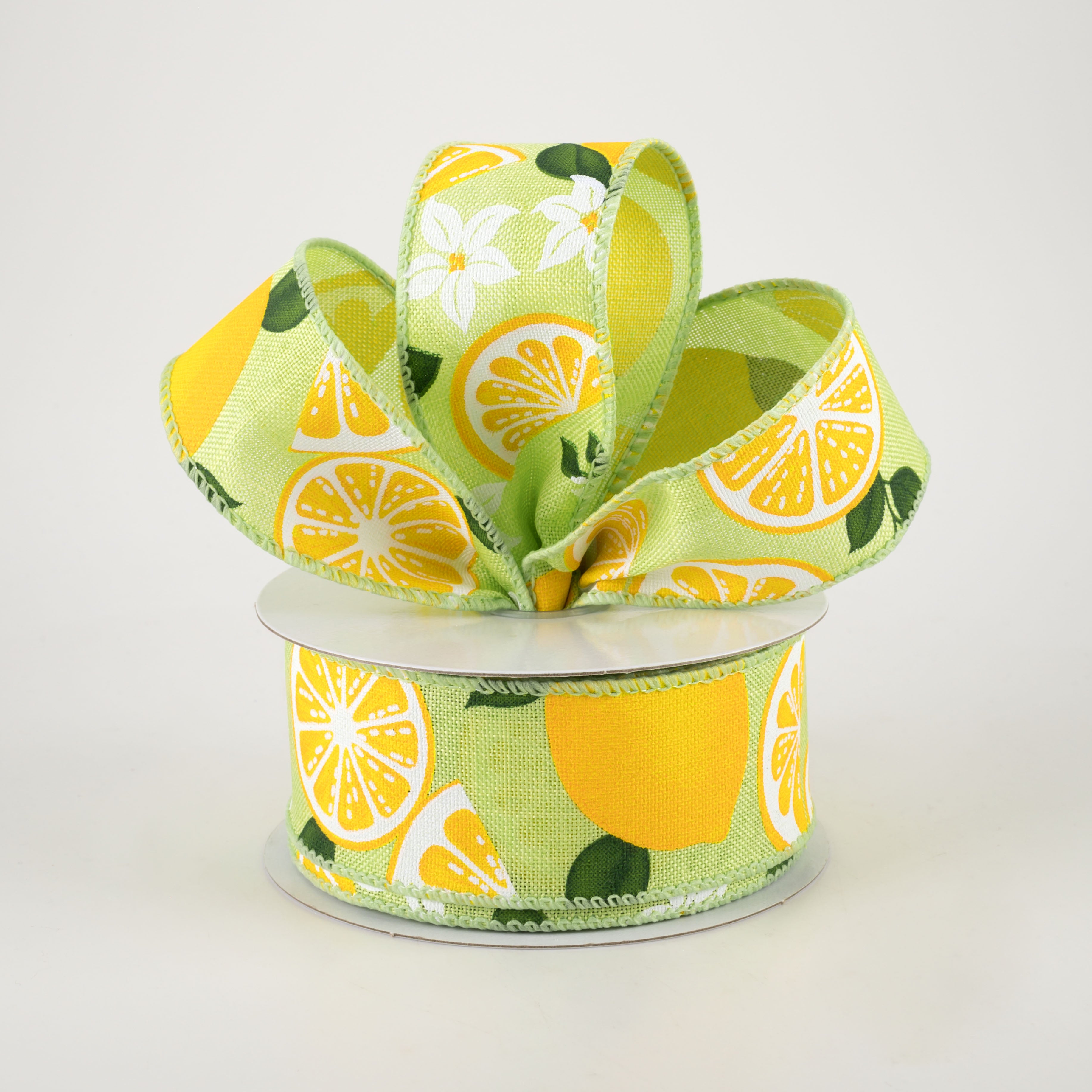 1.5 Inch Linen Lemons & Flowers Ribbon - Lime Green (10 Yards) for Gift Wrapping, DIY Crafts, and Home Decor