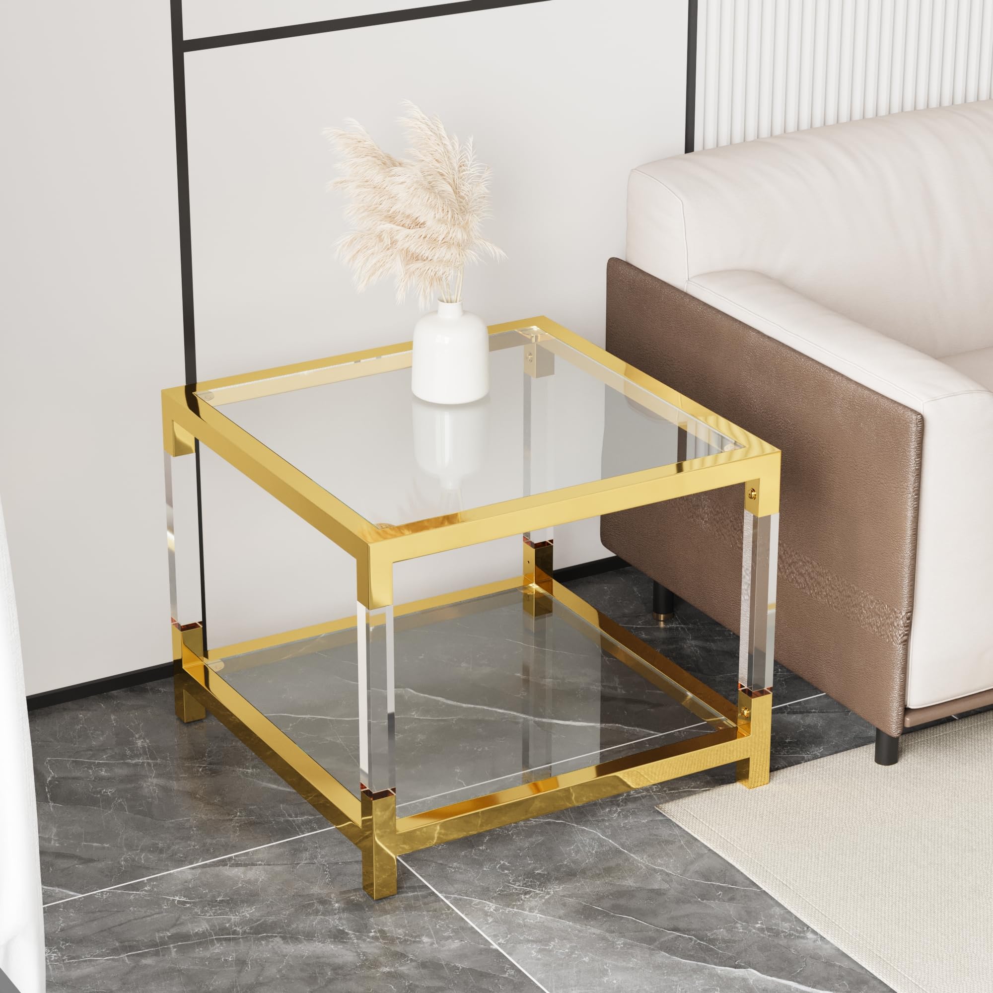Premium 2-Piece Glass Coffee Table Set - 2-Tier Modern Living Room End Tables with Gold Frame & Clear Acrylic Legs for Apartment, Office & Lounge Decor | Perfect for Entertaining Guests or Relaxing with Coffee