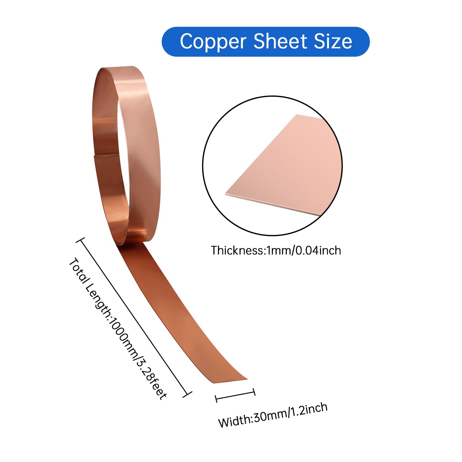 Premium Copper Sheet Roll 1000x30x1mm (LxWxT) - Heavy Duty Copper Flashing for Roofing, Gutters & DIY Projects | Ideal for Home Repair, Metal Crafting & Weatherproofing