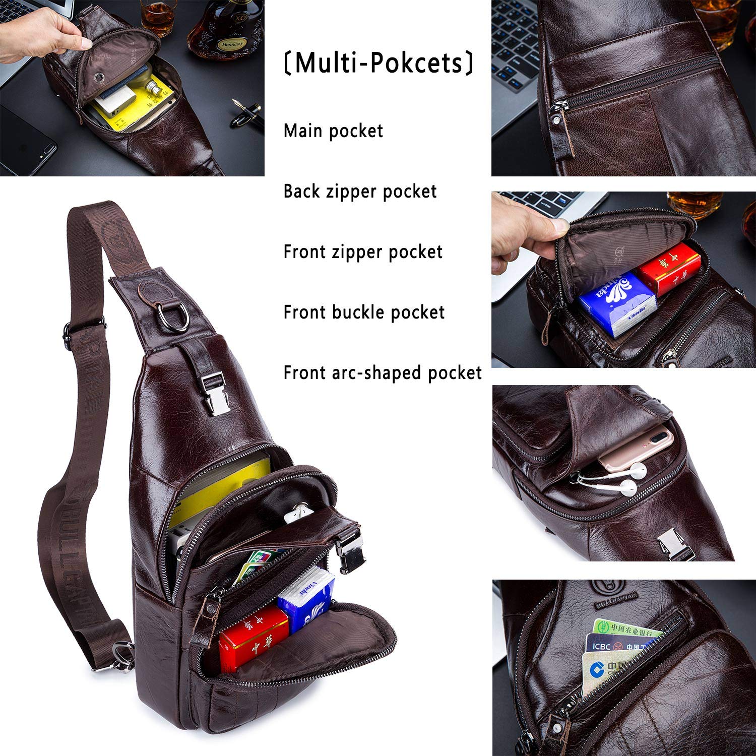Men's Leather Crossbody Sling Bag - Casual Chest Shoulder Bag for Travel, Hiking & Everyday Use | Durable Daypack Backpack for Outdoor Adventures & Daily Commute