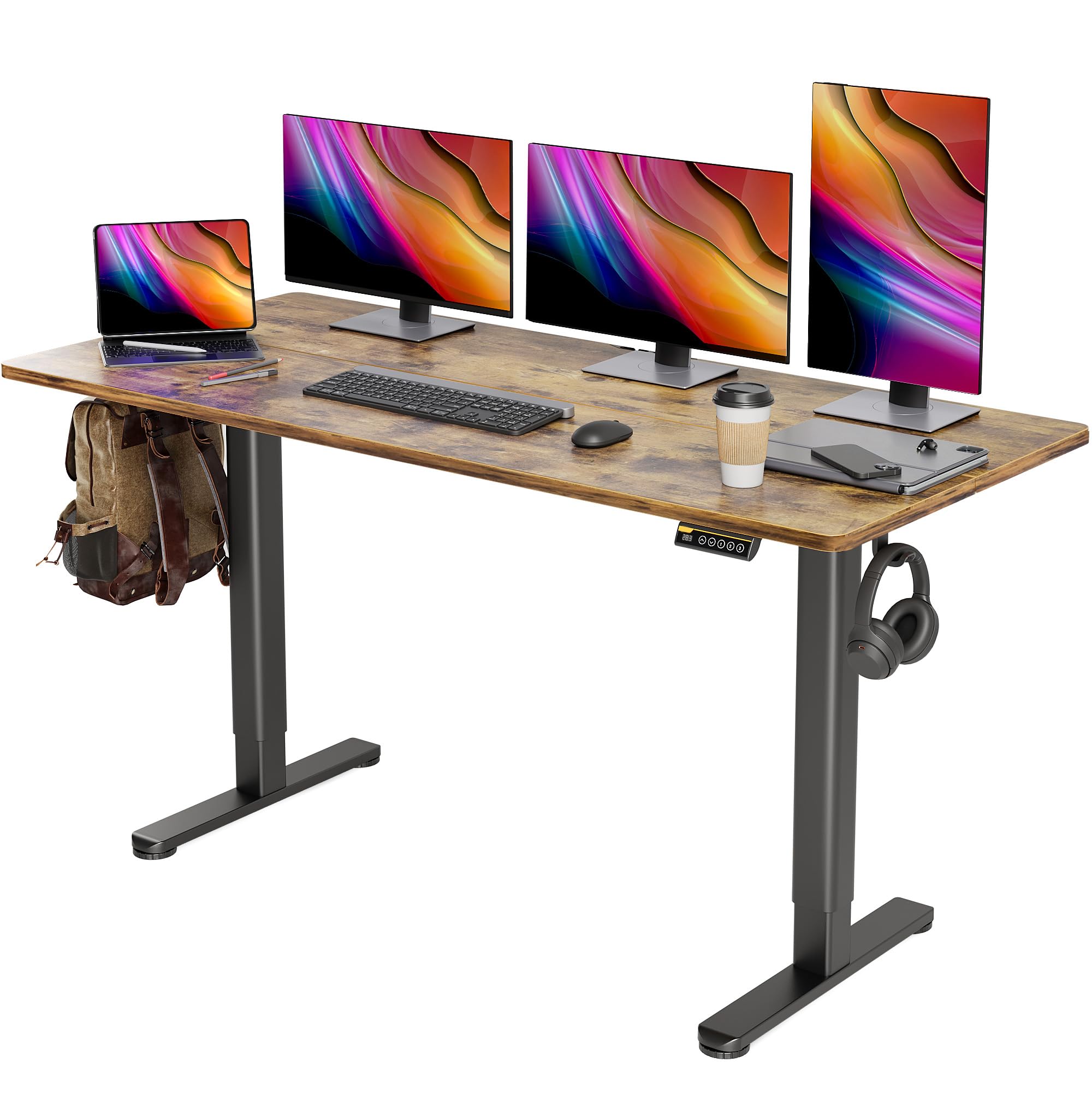 Seang Electric Standing Desk - Adjustable Height Sit Stand Desk with 3 Memory Presets, 63x24 Inches, Black Frame & Rustic Brown Top for Home Office, Gaming & Study Workstation - Ergonomic Computer Desk with Splice Board