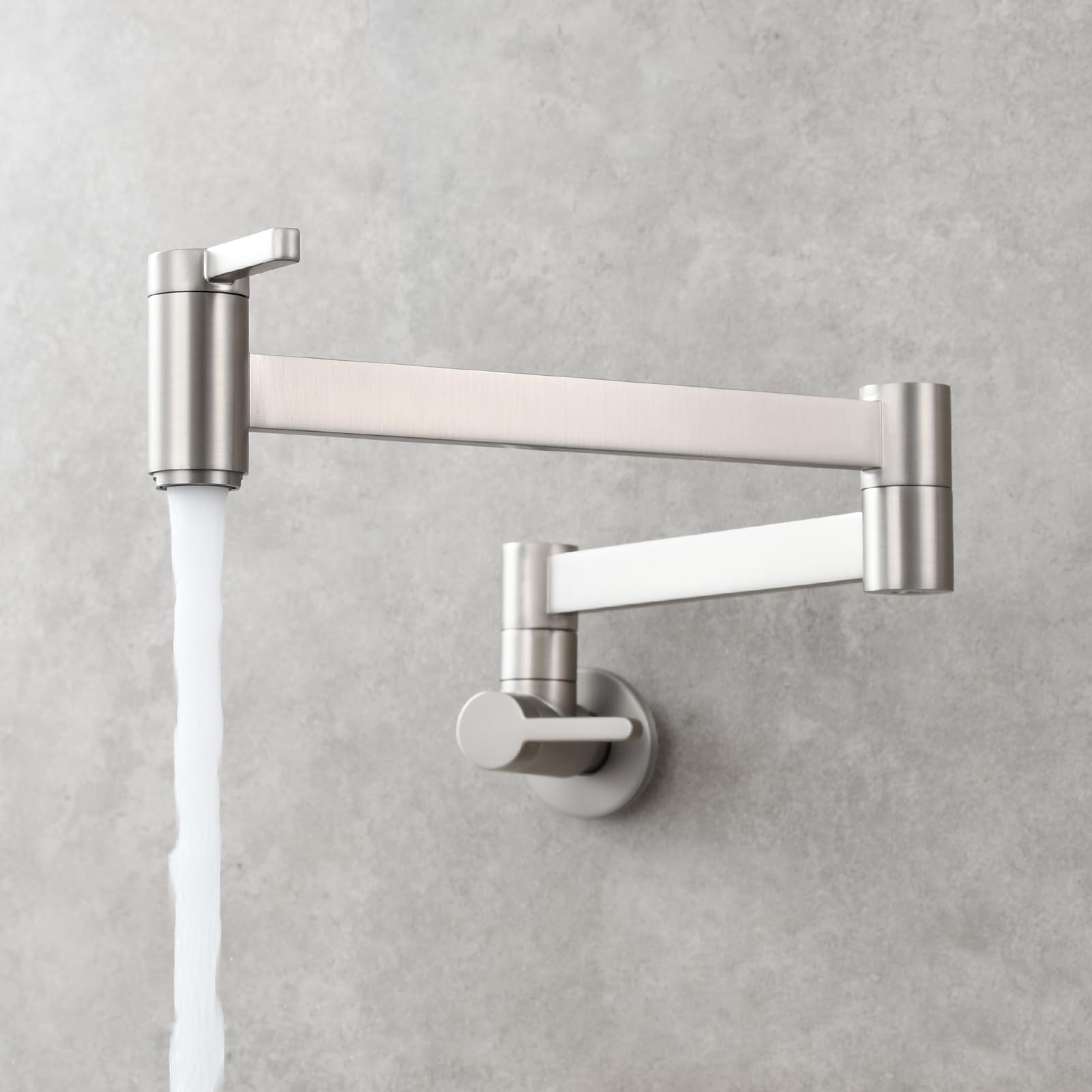 Brass Wall Mounted Kitchen Pot Filler Faucet with Double Joint Swing Arm - Brushed Nickel Finish (CT172NA) - Perfect for Stove-Side Water Filling & Large Pot Cooking