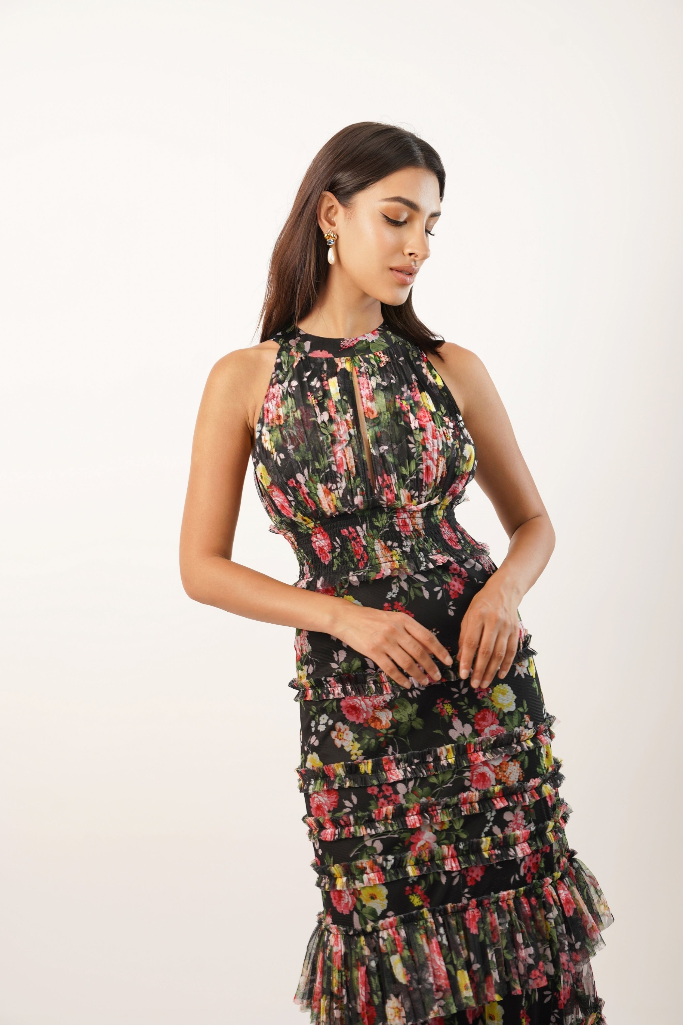 Santiago Winter Floral Maxi Dress for Women - Elegant Long Sleeve Flowy Dress for Holiday Parties, Christmas, and Special Occasions