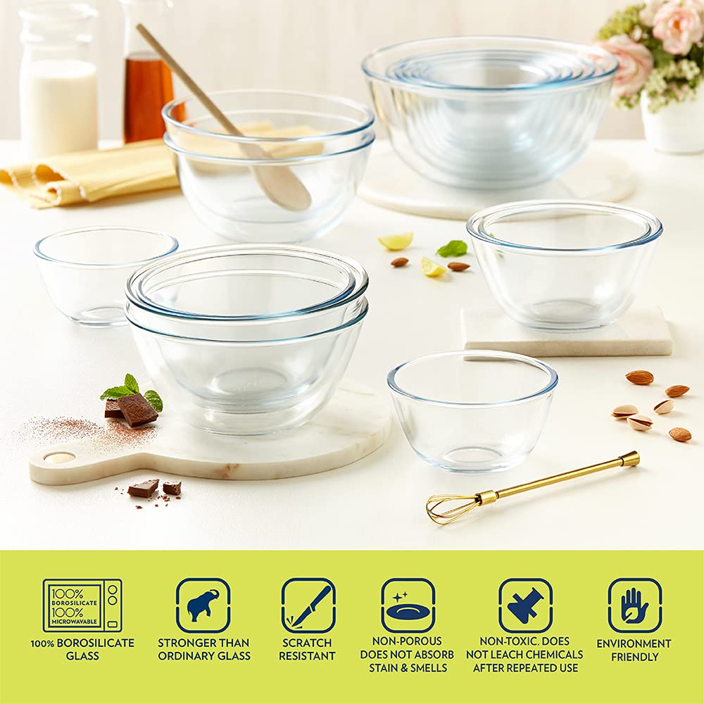 Borosil 350ml Borosilicate Glass Mixing Bowl with White Lid - Microwave & Dishwasher Safe Kitchen Bowl for Baking, Salad, Pasta, Dough | Perfect for Meal Prep, Cooking & Serving | Durable Transparent Glass Bowl for Home & Restaurant Use