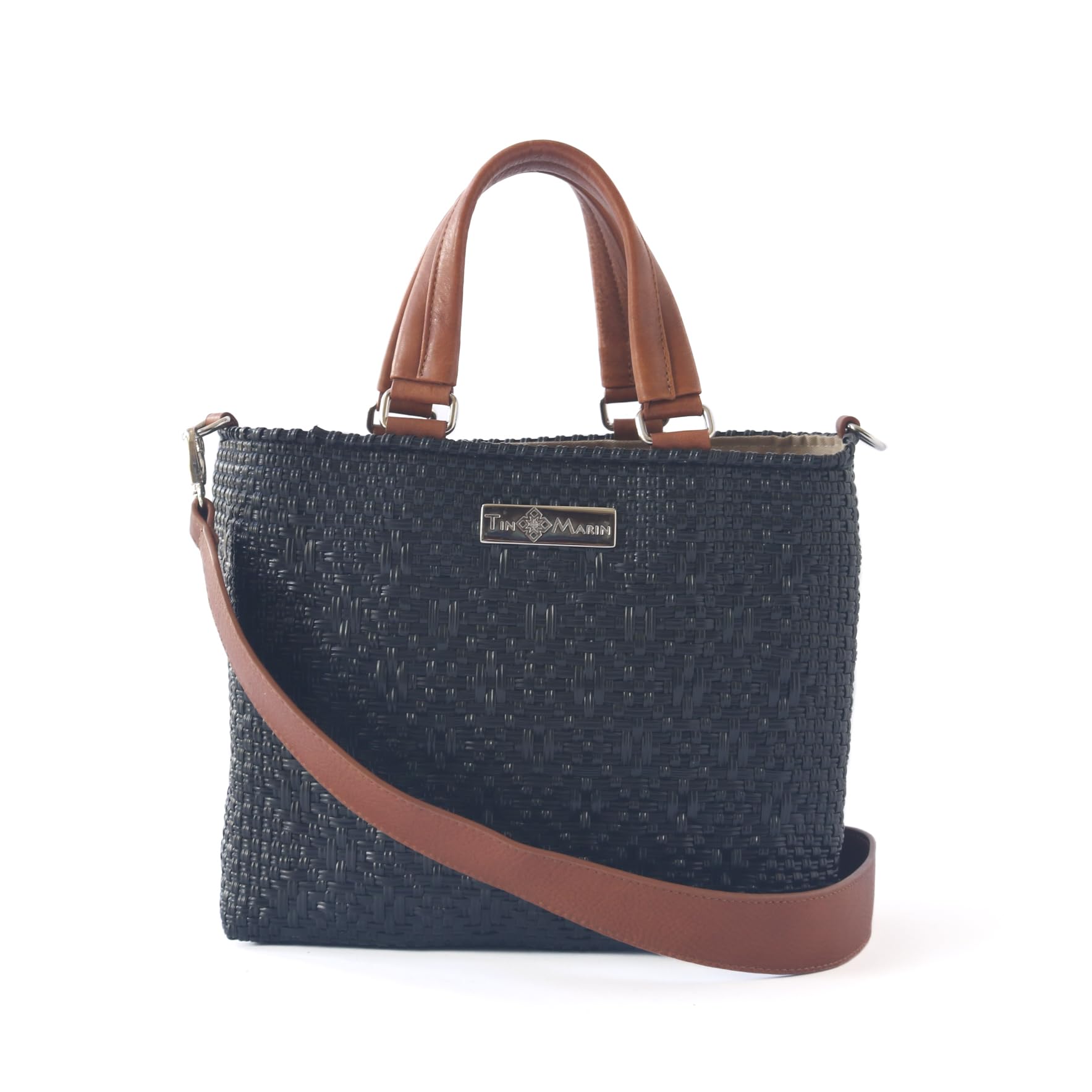 All Black Medium Woven Crossbody Bag with Drawstring - Eco-Friendly Tan Leather & Recycled Plastic Purse | Handcrafted Mexican Oaxacan Artisan Bag | Perfect for Travel, Shopping & Everyday Use