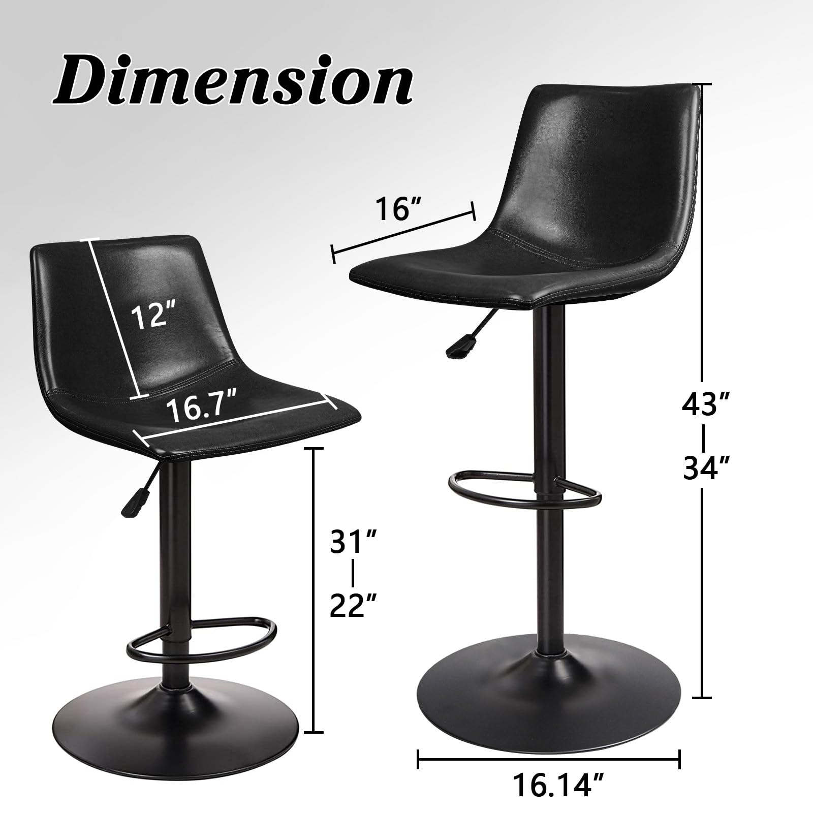 Waleaf Adjustable Swivel Bar Stools Set of 2 - 350 LBS Capacity PU Leather Counter Height Stools with Backrest & Footrest - Perfect for Kitchen Island, Home Bar, Dining Room & Pub Settings