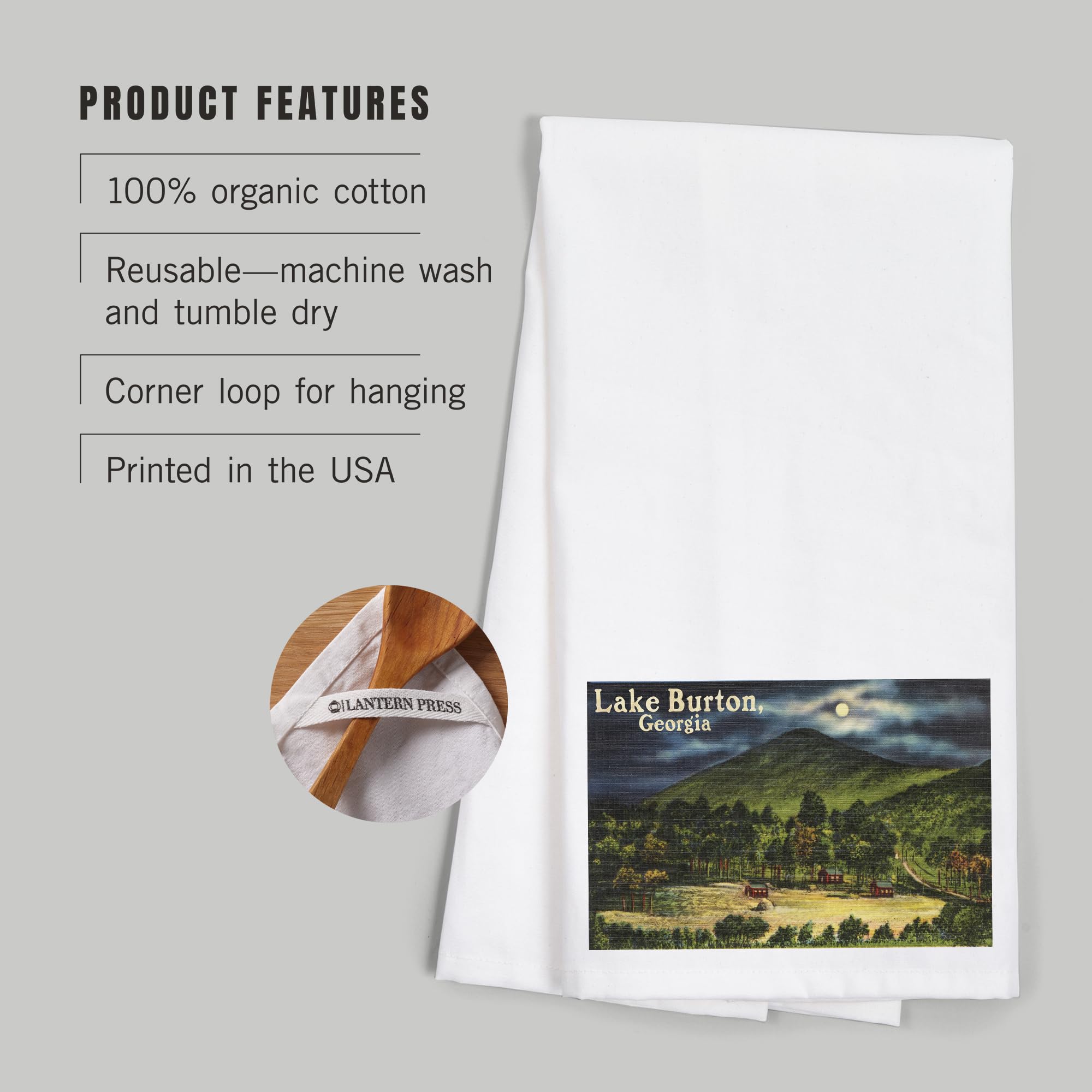 Lantern Press Lake Burton Georgia Moonlit Scene 100% Cotton Tea Towel - Decorative Hand Towel for Kitchen, Home Decor & Gifts - Perfect for Dish Drying, Wall Art & Cozy Cabin Decor