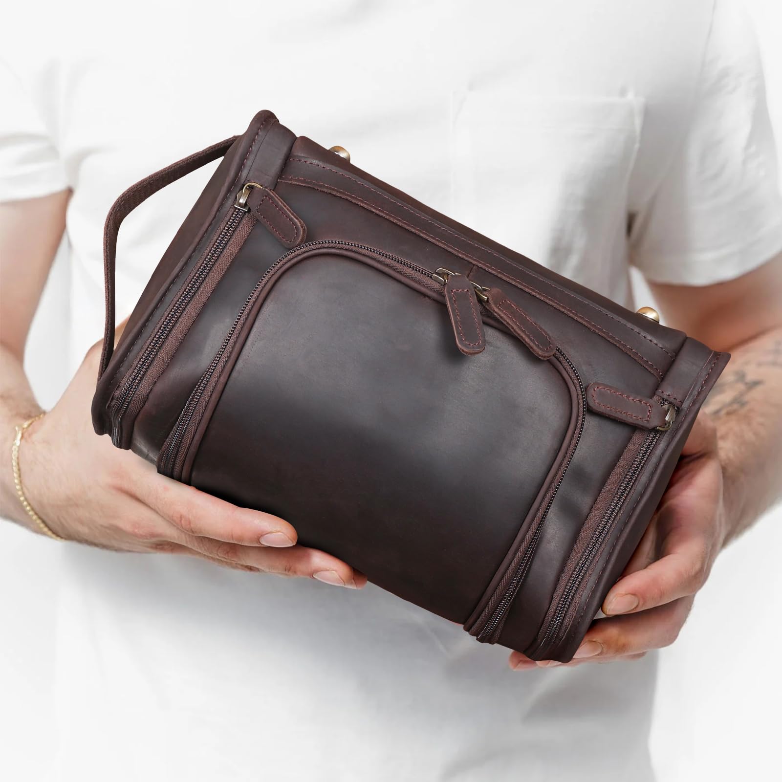 Premium Full Grain Leather Toiletry Bag for Men & Women - Travel Dopp Kit, Cosmetic Organizer, Shaving Kit with Hanging Hook - Ideal for Business Trips, Vacation & Gym Essentials Storage