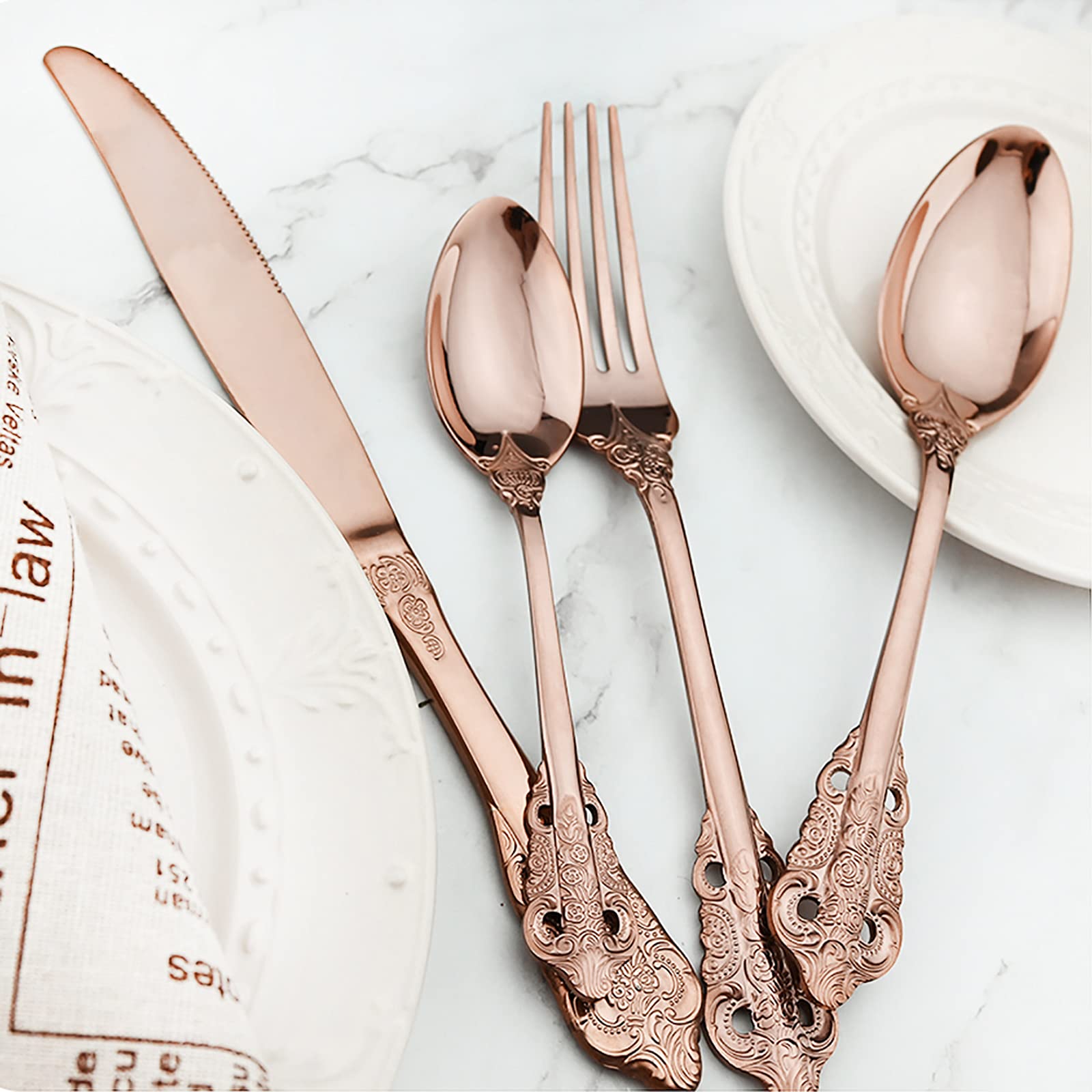 Luxury 4-Piece Rose Gold Palace Mirror Silverware Set - 18/10 Stainless Steel Copper Flatware with Knife, Fork, Spoon & Teaspoon - Elegant Retro Kitchen Utensils - Dishwasher Safe - Perfect for Fine Dining, Wedding Gifts & Home Decor