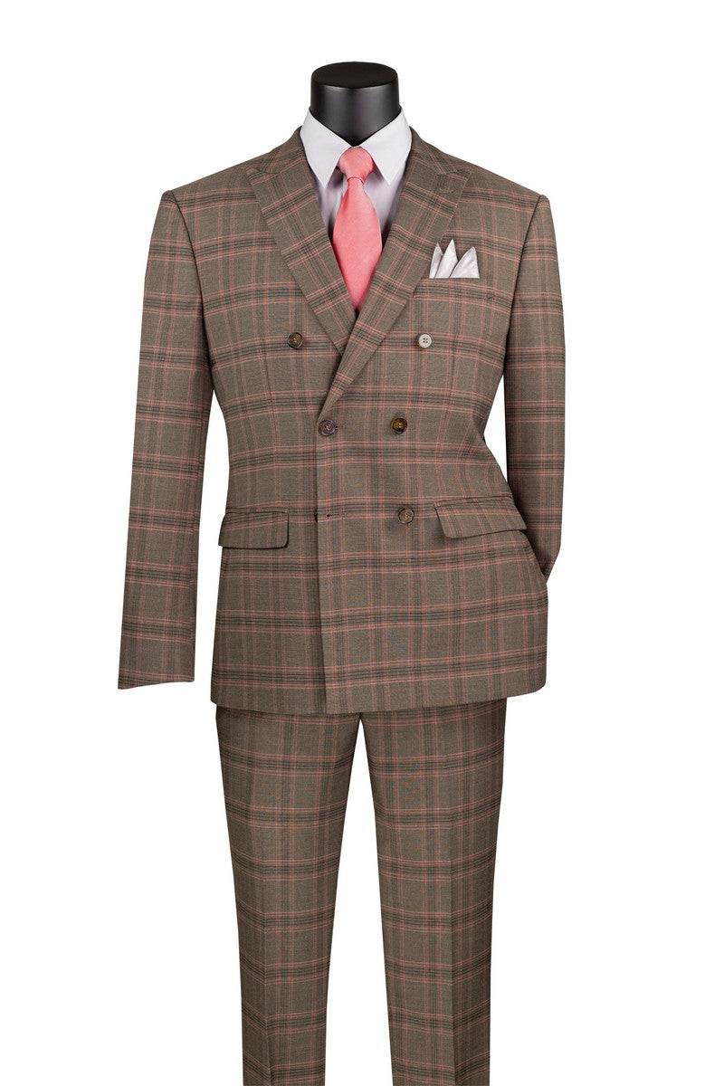 Double Breasted Modern Fit Glen Plaid Suit for Men - Brown Business Formal Suit | Perfect for Weddings, Office & Special Occasions