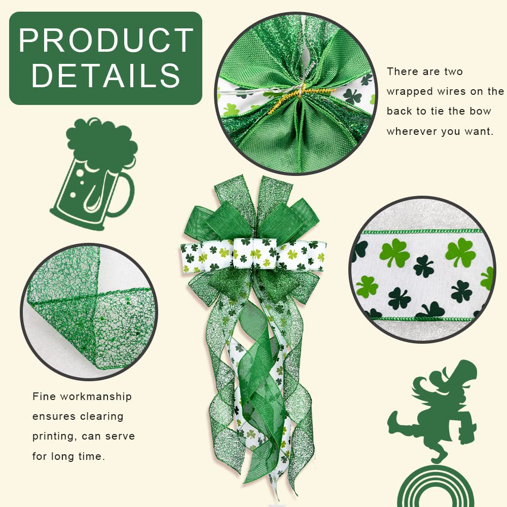 Large St. Patrick's Day Wreath Bows - Green Glitter Shamrock Decor for Front Door, Irish Holiday Party Hanging Ornaments | Perfect for Outdoor Decorations, Wreath Accents & St. Patrick's Day Celebrations