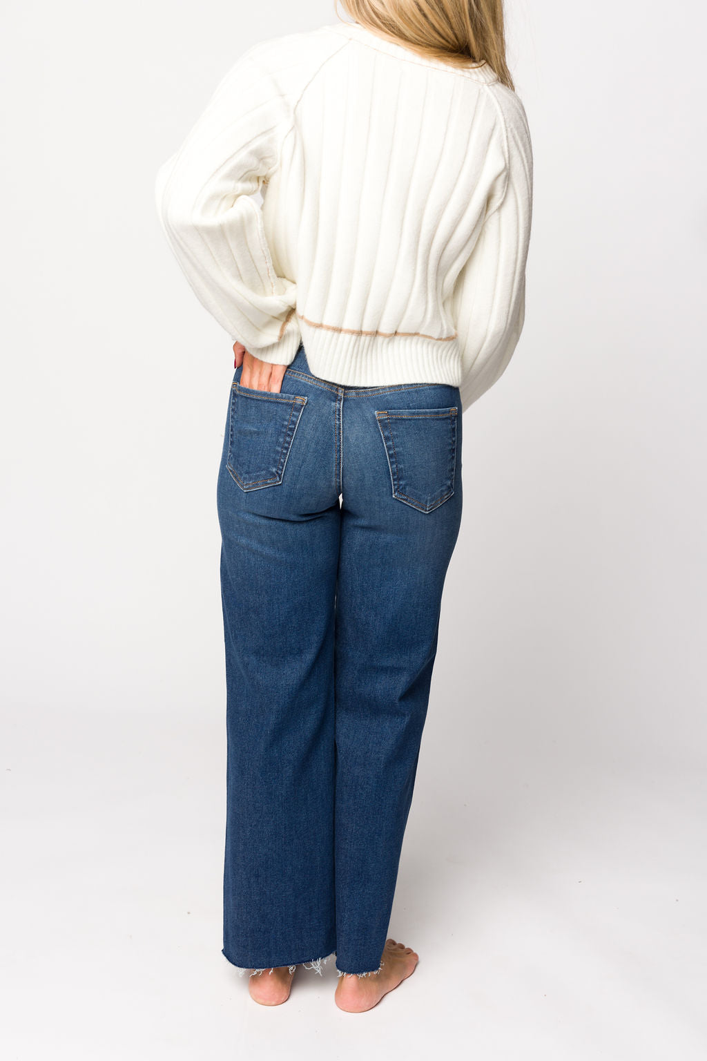 Morgan Slim Palazzo Jean with Scissor Cut in Dark Denim - Women's High Waisted Wide Leg Denim Pants for Casual & Office Wear