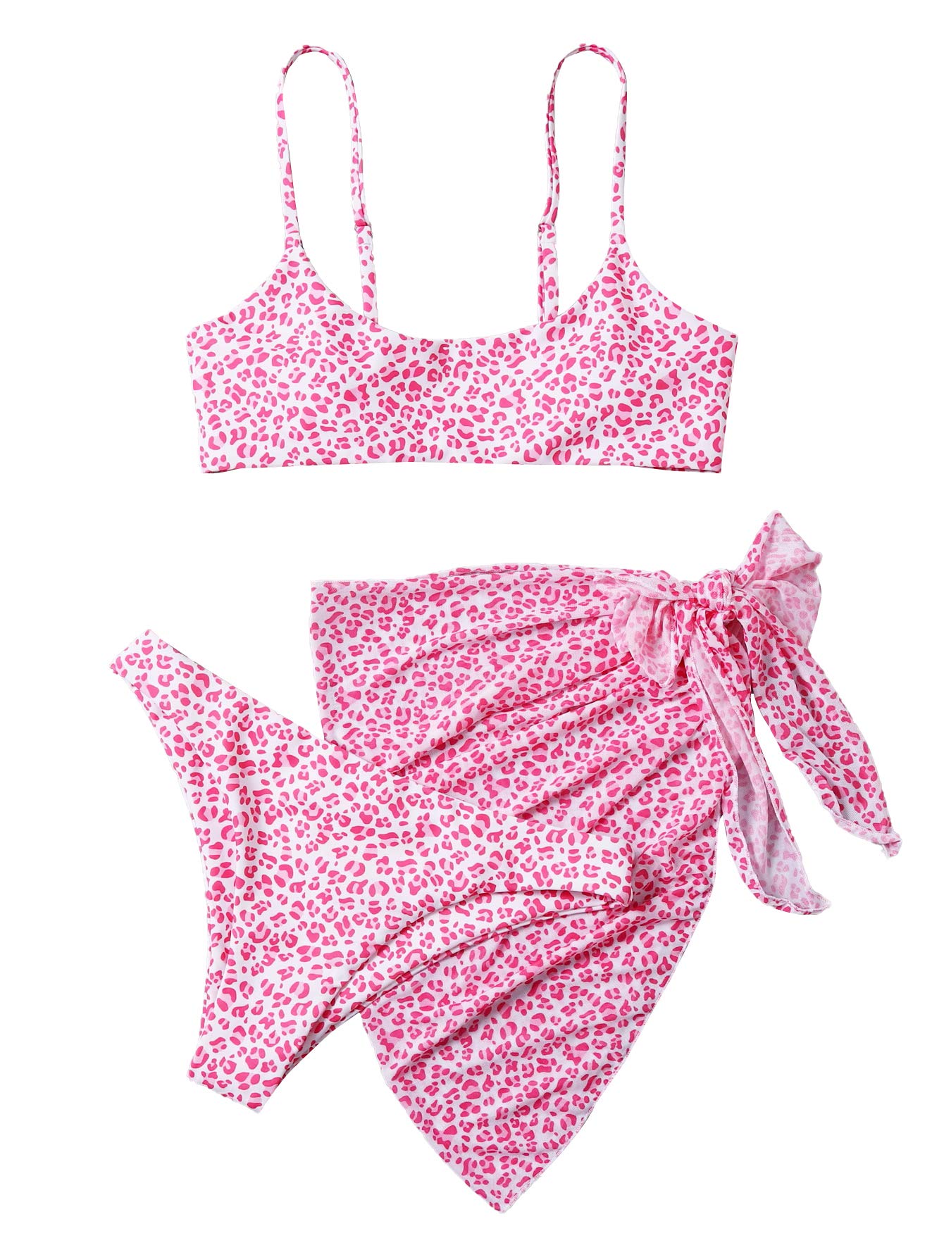 SheIn Women's 3 Piece Leopard Print Wireless Bikini Set - Swimsuit & Beach Cover Up Skirt | Sexy Swimwear for Pool Party, Vacation & Summer Beach Outfits