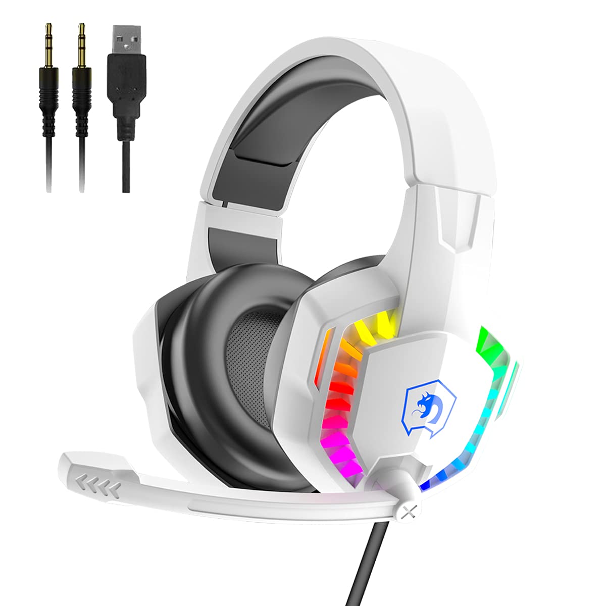 Best Wired Gaming Headset with Noise Cancelling Mic - Over Ear Headphones for PS5, PS4, Xbox One & PC - Rainbow LED Backlit, Bass Surround Sound, Soft Memory Foam Earmuffs - Perfect for Laptop, Mac Gaming & Streaming (White)