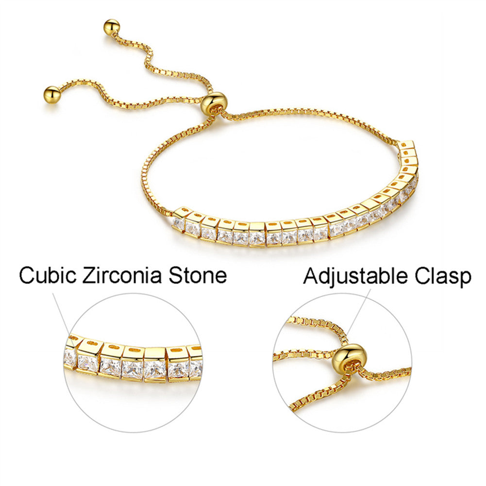 MABELLA 925 Sterling Silver Gold Tone Princess Cut Cubic Zirconia Adjustable Bracelet for Women - Elegant Jewelry Gift for Birthday, Anniversary & Special Occasions