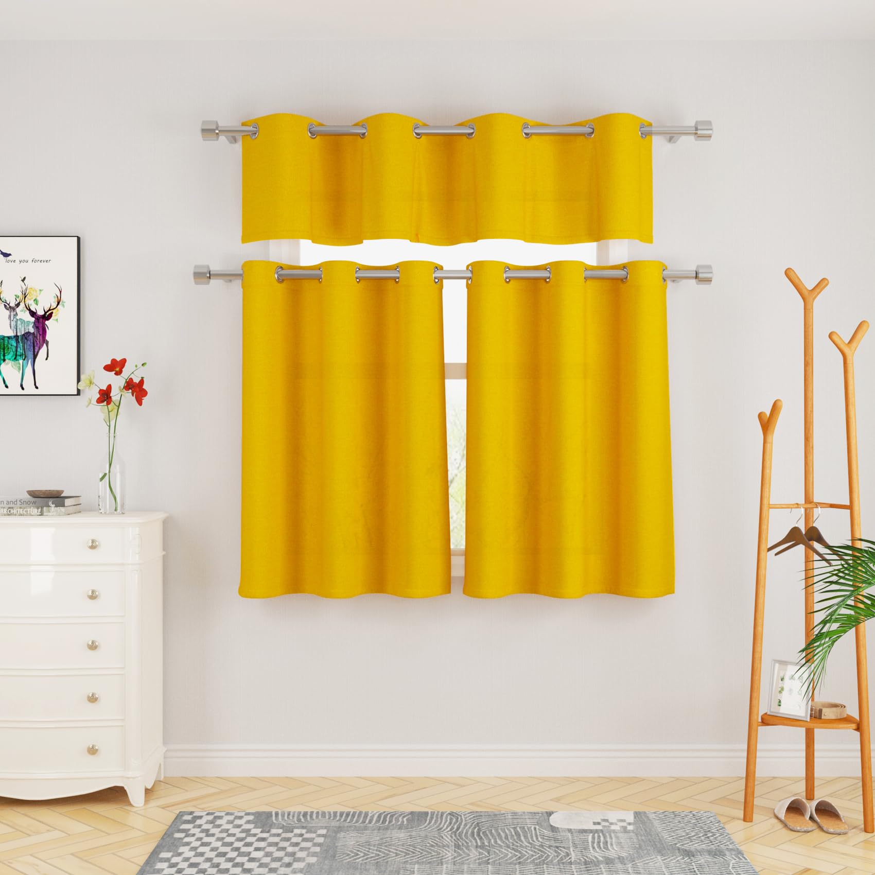 UPOPO Yellow Kitchen Curtains - 30 Inch Linen Textured Tiered Cafe Curtains with Grommet Top (Set of 2 Panels) - Perfect for Sink, Bathroom, Cabinet, Caravan & Small Basement Windows - Adds Privacy & Style to Your Home Decor