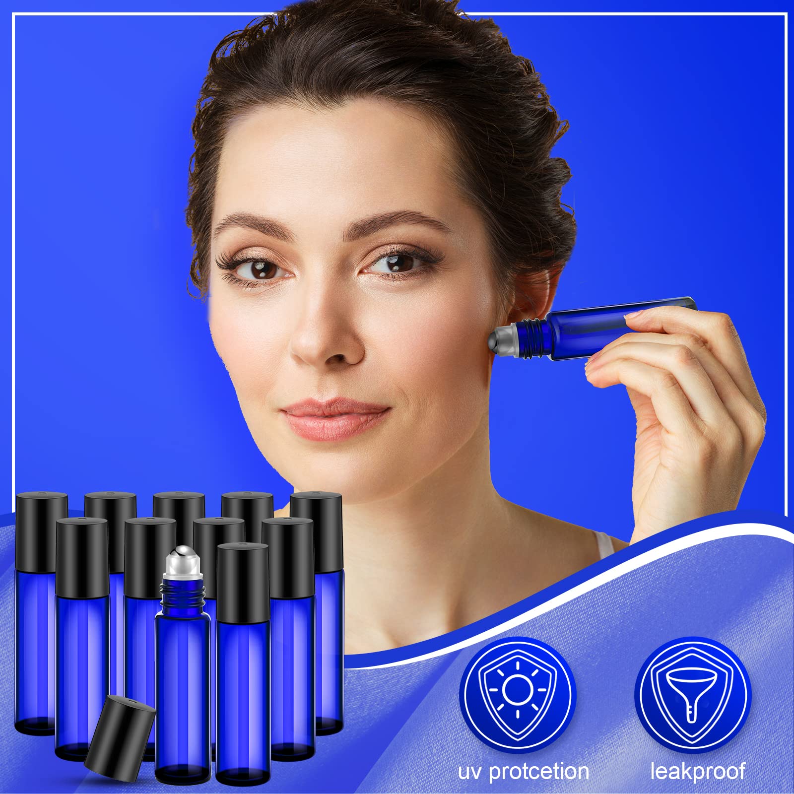 Sumind 250 Pcs 10ml Essential Oil Roller Bottles - Empty Glass Roll-On Bottles with Stainless Steel Balls, Leakproof Design, Includes 5 Funnels for DIY Perfume & Aromatherapy (Blue) - Perfect for Travel, Home Use & Gift Giving