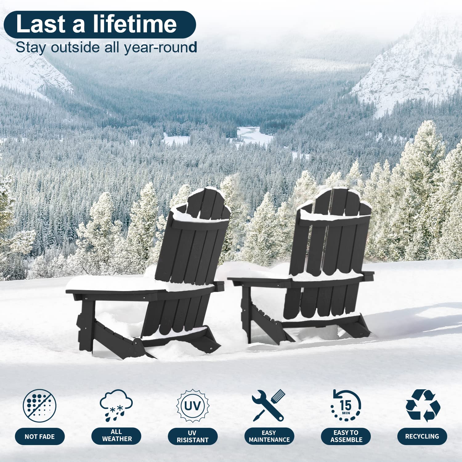 MXIMU Folding Plastic Adirondack Chair and Table Set - 2-Piece Outdoor Furniture for Patio, Garden, Poolside & Beach - Lightweight Foldable Lawn Chairs with Fire Pit Seating - Perfect for Backyard, Balcony, and Camping (Black)