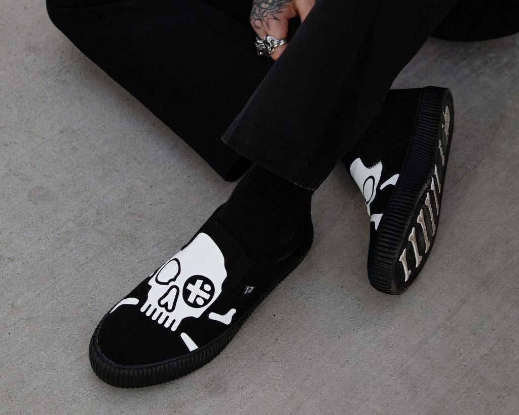 Black Skull Canvas Slip On Sneakers for Men - Comfortable Casual Shoes for Streetwear, Skateboarding & Everyday Wear