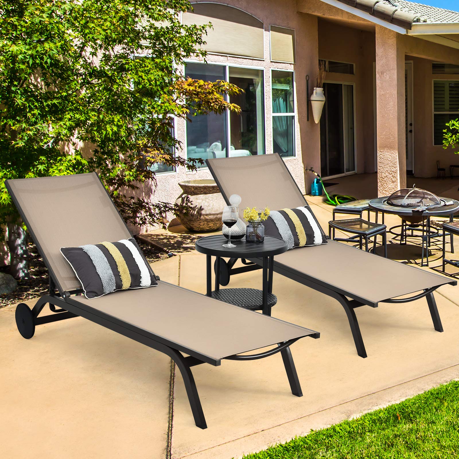 Giantex Adjustable Patio Chaise Lounge Chair with 6-Position Recliner & Wheels - Outdoor Aluminum Sunbathing Chair for Poolside, Beach, Garden & Backyard Relaxation (2-Pack, Brown)