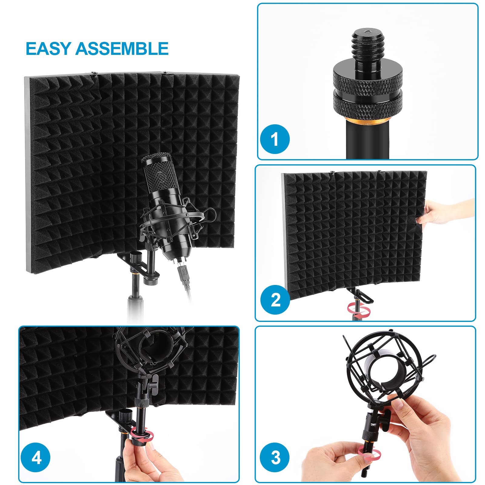AGPTEK Foldable Microphone Isolation Shield - Adjustable Studio Mic Isolator Panel for Stand Mount & Table Top | Noise Reduction for Podcasting, Voice Recording & Home Studio Setup