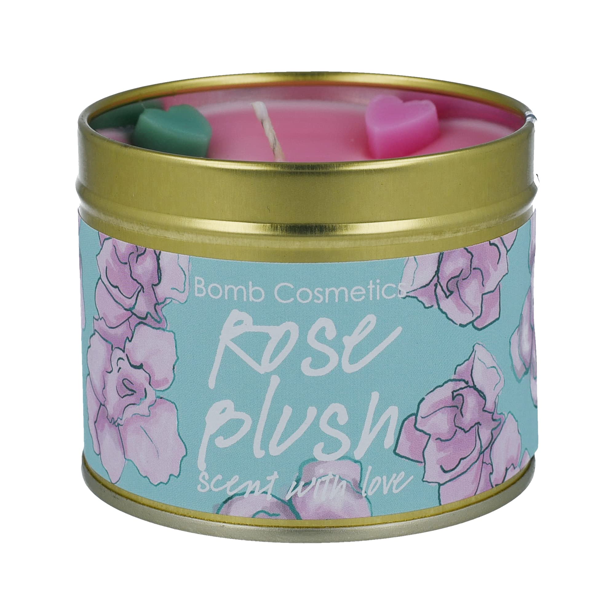 Bomb Cosmetics Rose Blush Scented Tin Candle - Natural Rosebud & Greenleaf Aroma with Pure Geranium & Rose Essential Oils | Vegan, 30-35 Hour Burn Time | Perfect for Romantic Dinners, Spa Relaxation & Home Decor
