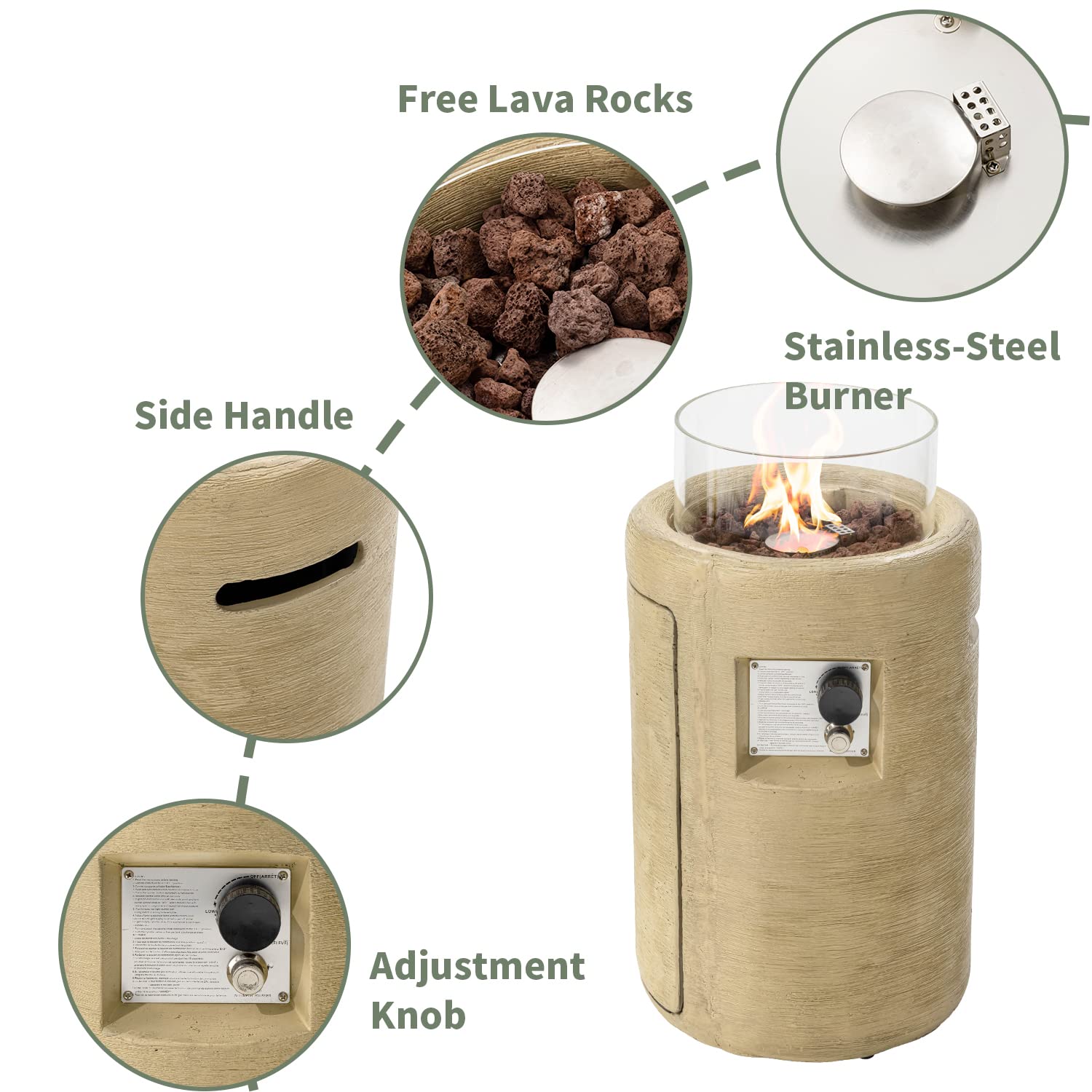 Outdoor Propane Fire Pit Table - 16-inch Round Graphite Base with Compact Ledgestone & Glass Wind Guard, 40,000 BTU - Includes Free Lava Rocks & Touch-up Pen - Fits Standard 20lb Tank - Perfect for Patio, Backyard, and Camping (Marzipan Color)